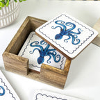 Set of 4 Wooden Coasters in Holder – Octopus