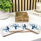Set of 4 Wooden Coasters in Holder – Octopus