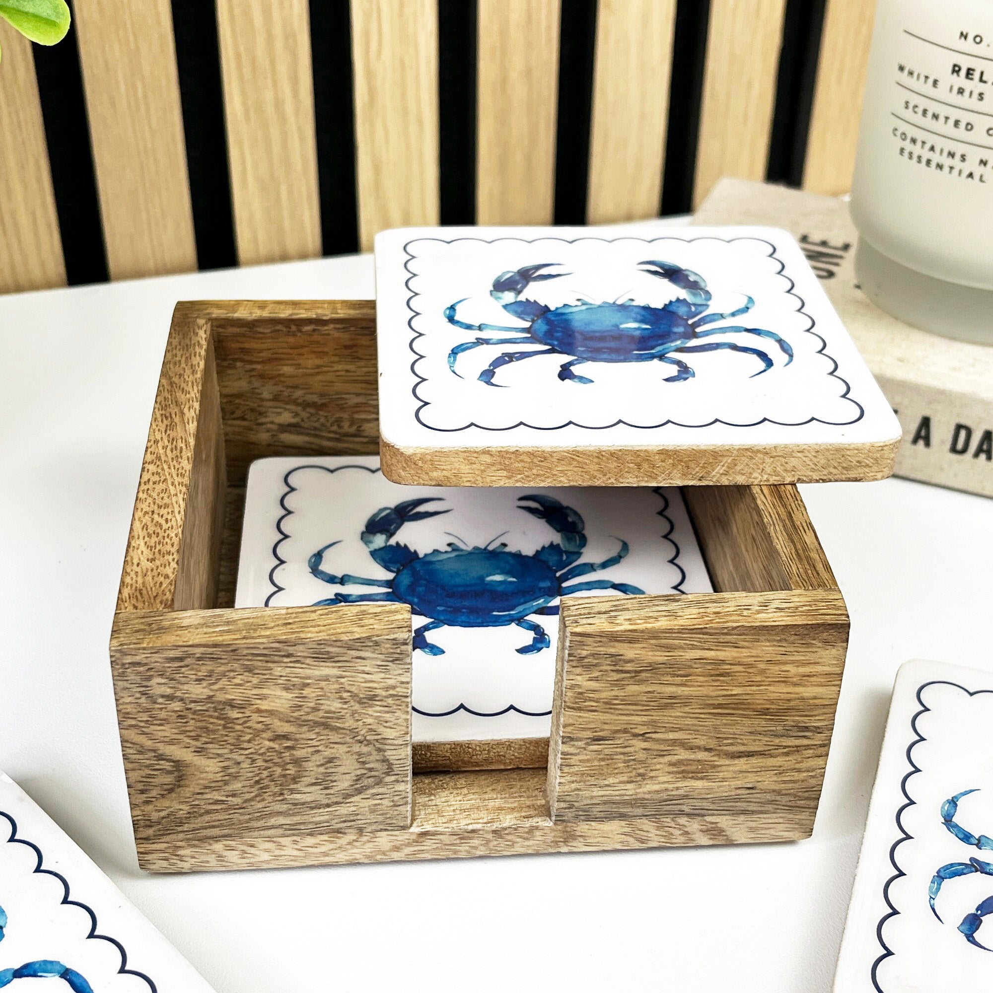 Set of 4 Wooden Coasters in Holder – Crab