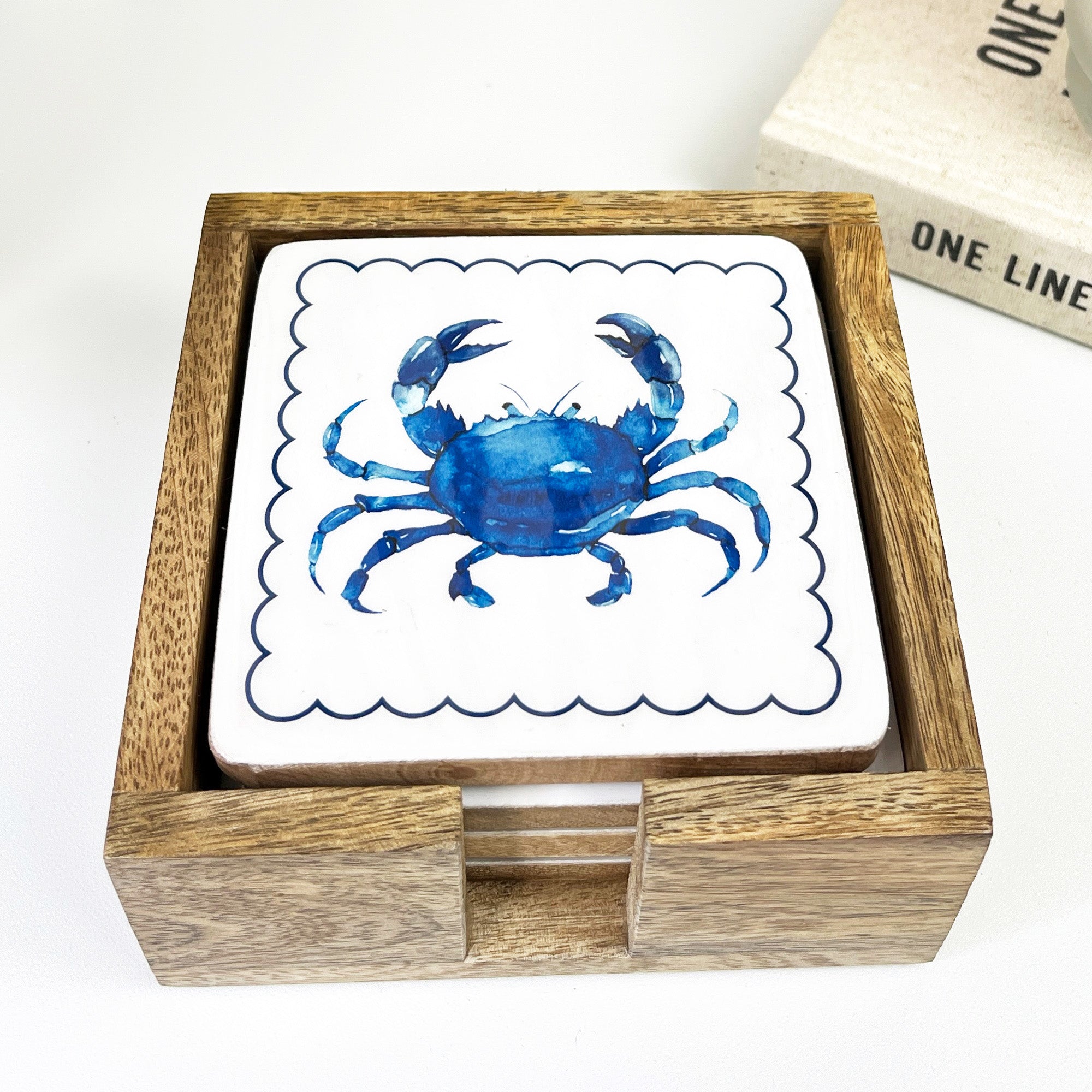 Set of 4 Wooden Coasters in Holder – Crab
