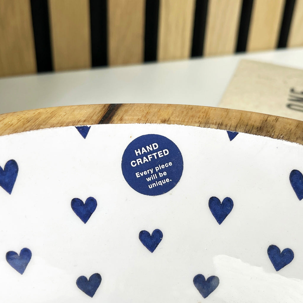 24.5cm Decorative Wooden Bowl with Enamel Hearts Pattern