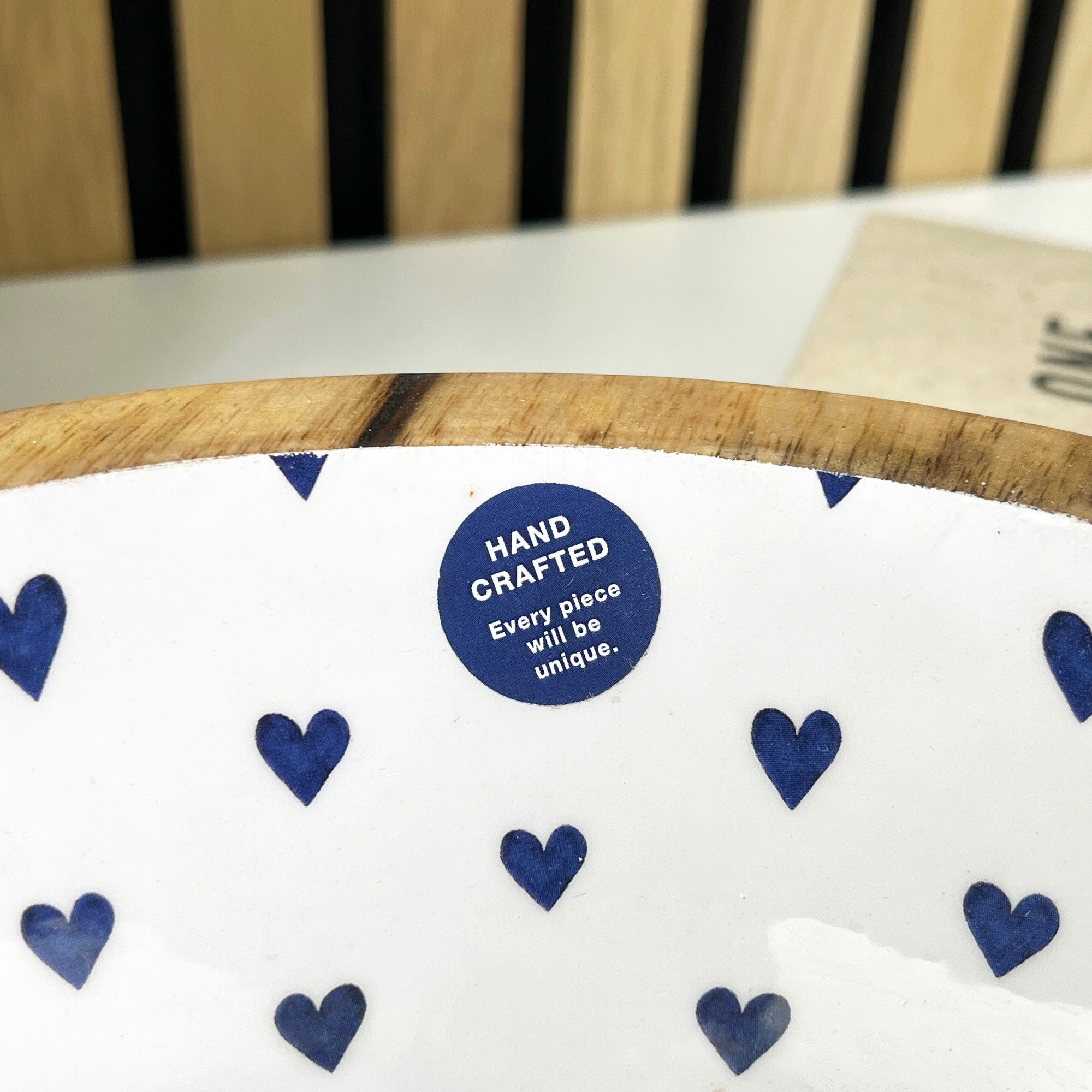 24.5cm Decorative Wooden Bowl with Enamel Hearts Pattern