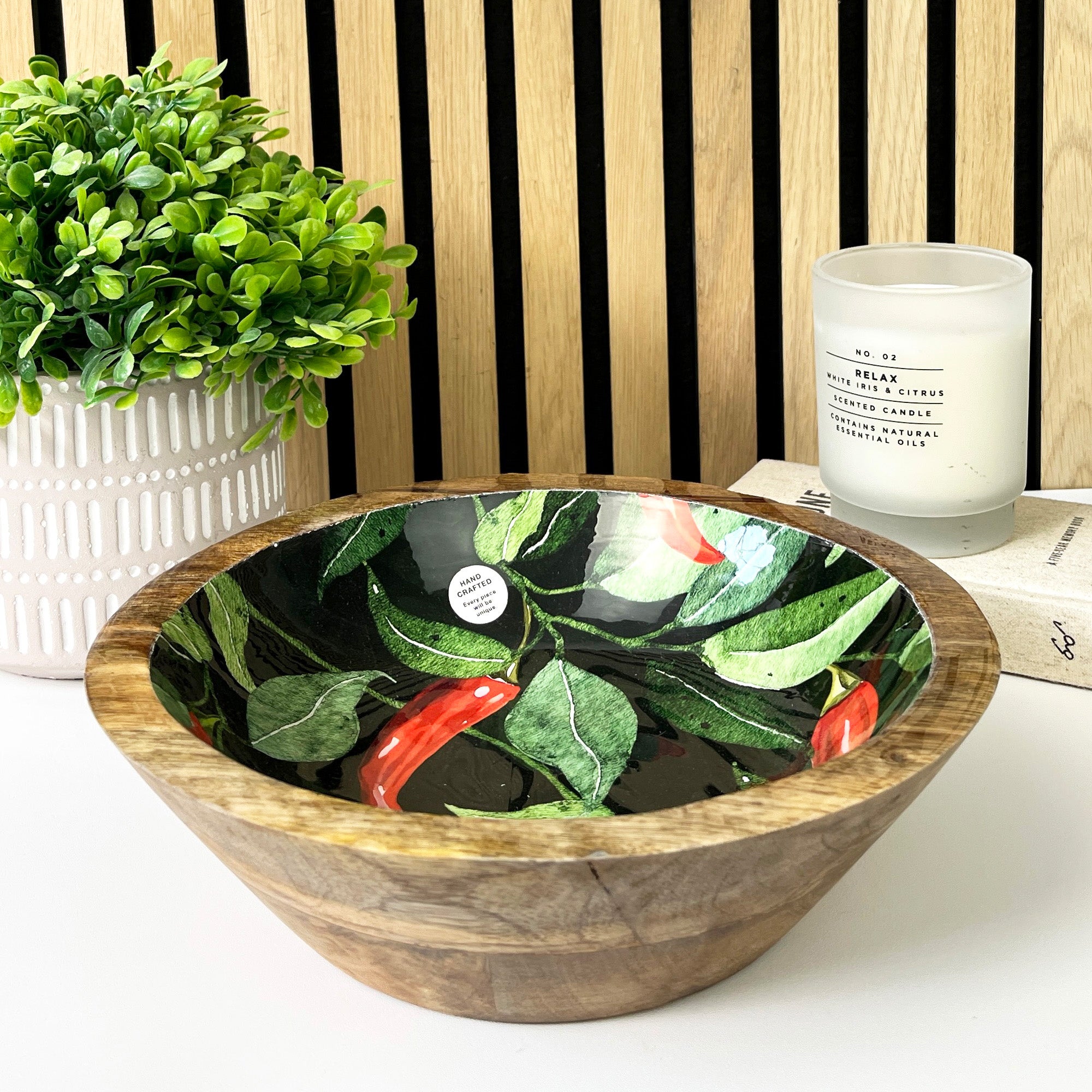 25cm Decorative Wooden Bowl with Enamel Chillies Design