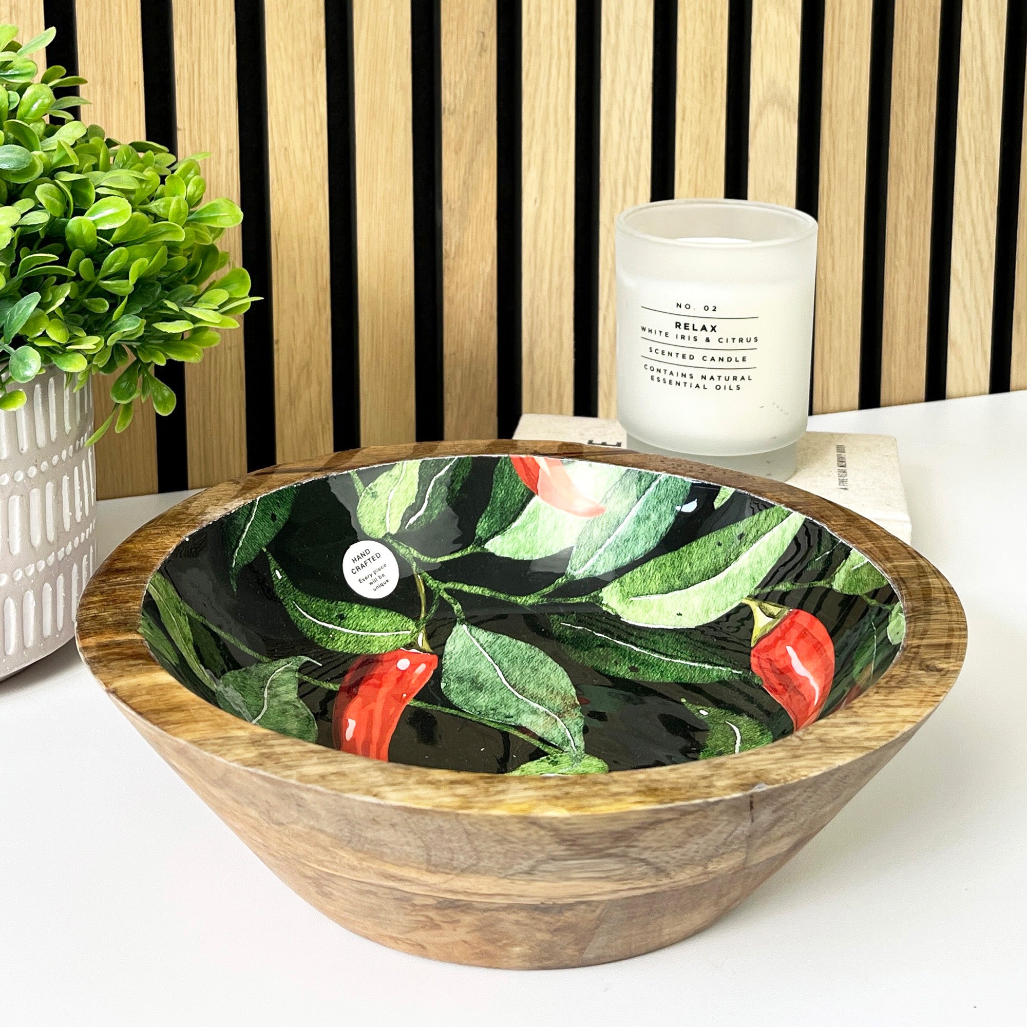 25cm Decorative Wooden Bowl with Enamel Chillies Design
