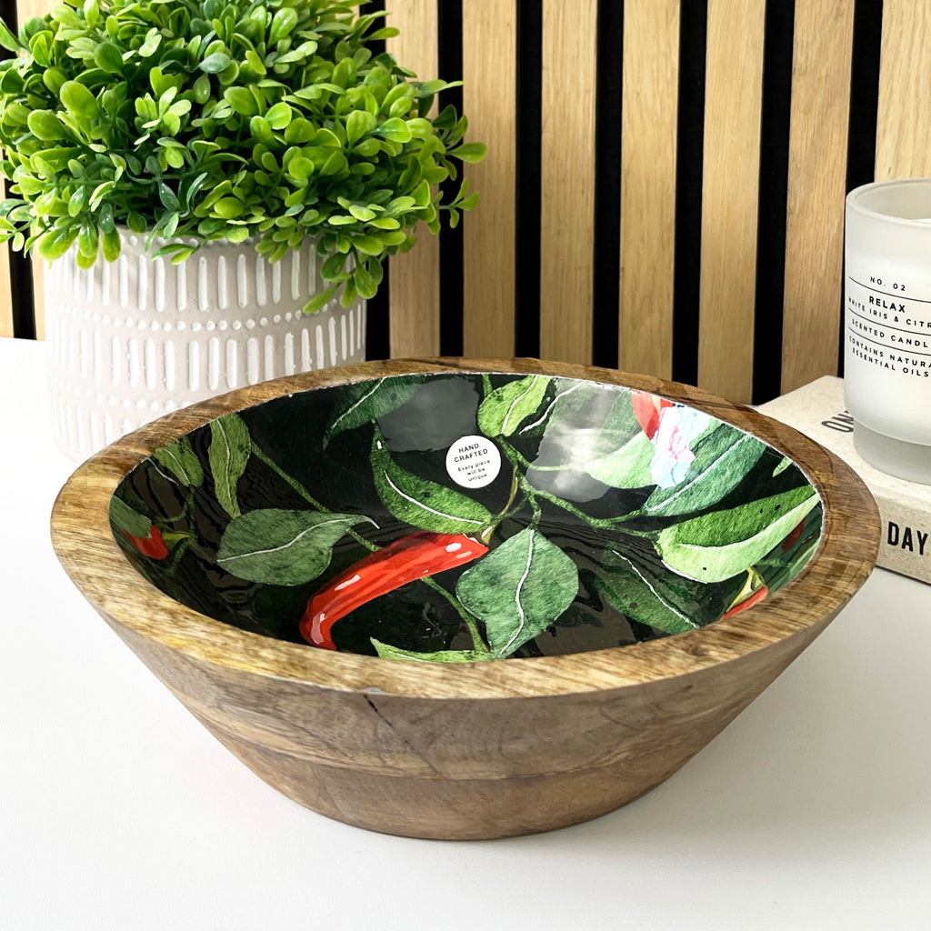 25cm Decorative Wooden Bowl with Enamel Chillies Design
