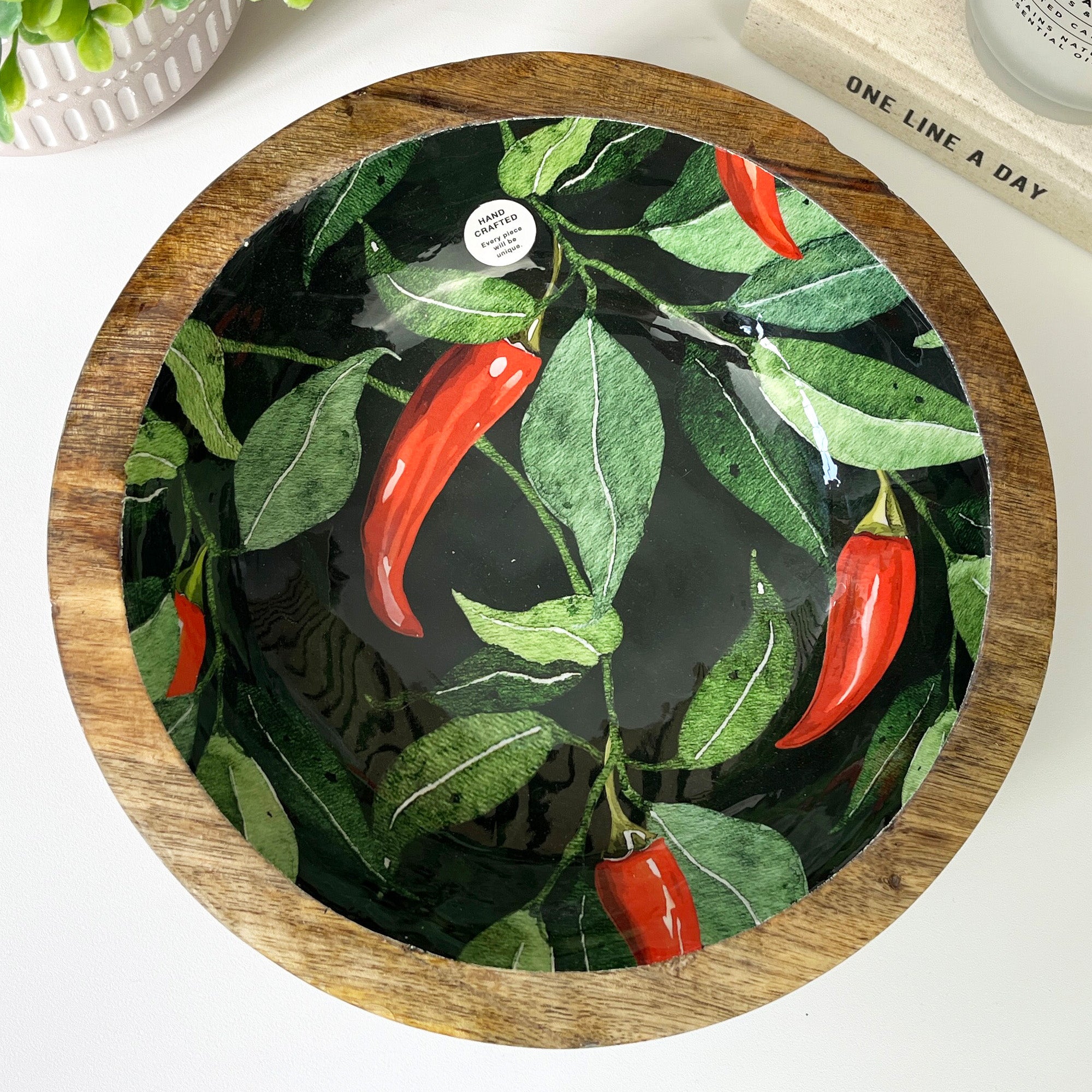 25cm Decorative Wooden Bowl with Enamel Chillies Design