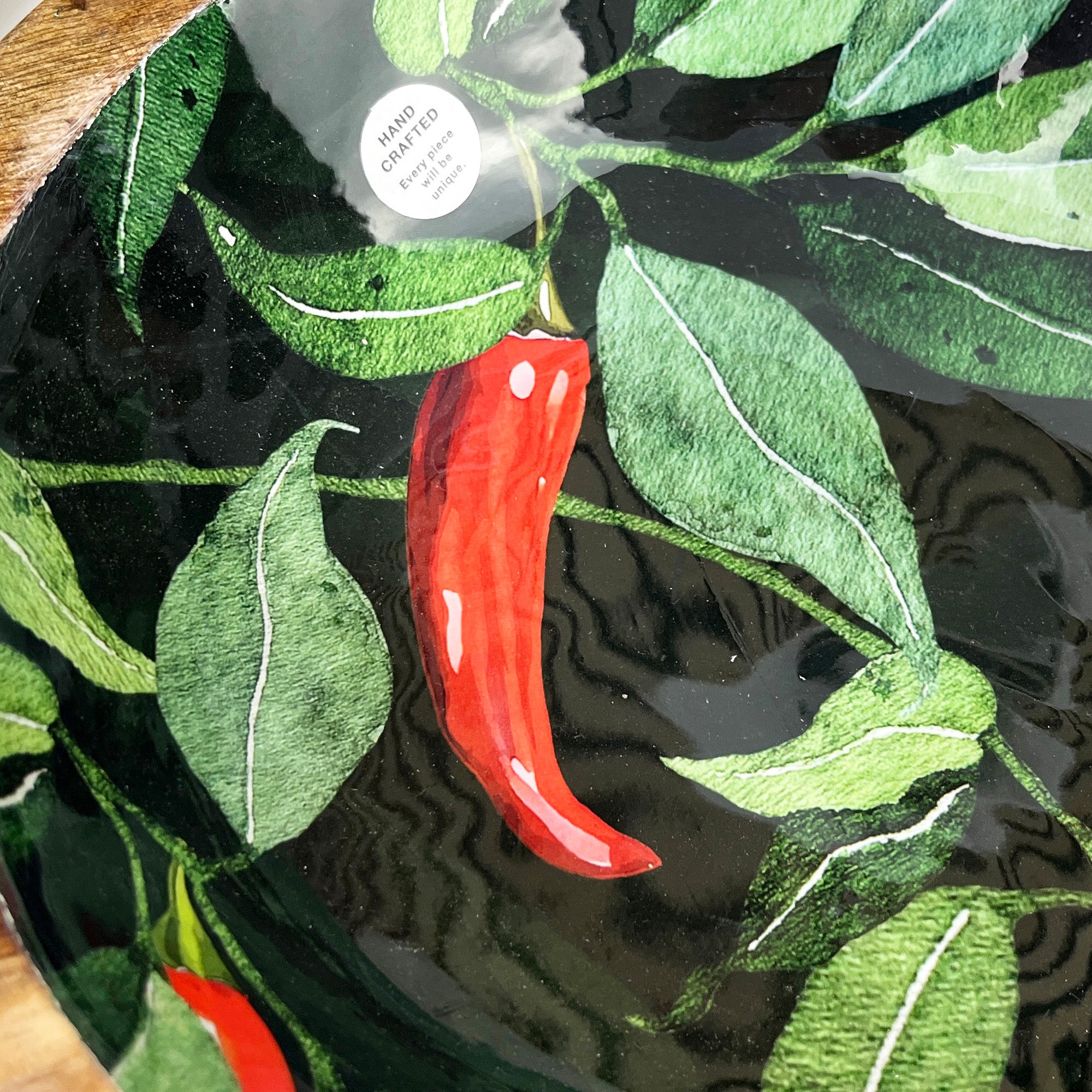 25cm Decorative Wooden Bowl with Enamel Chillies Design