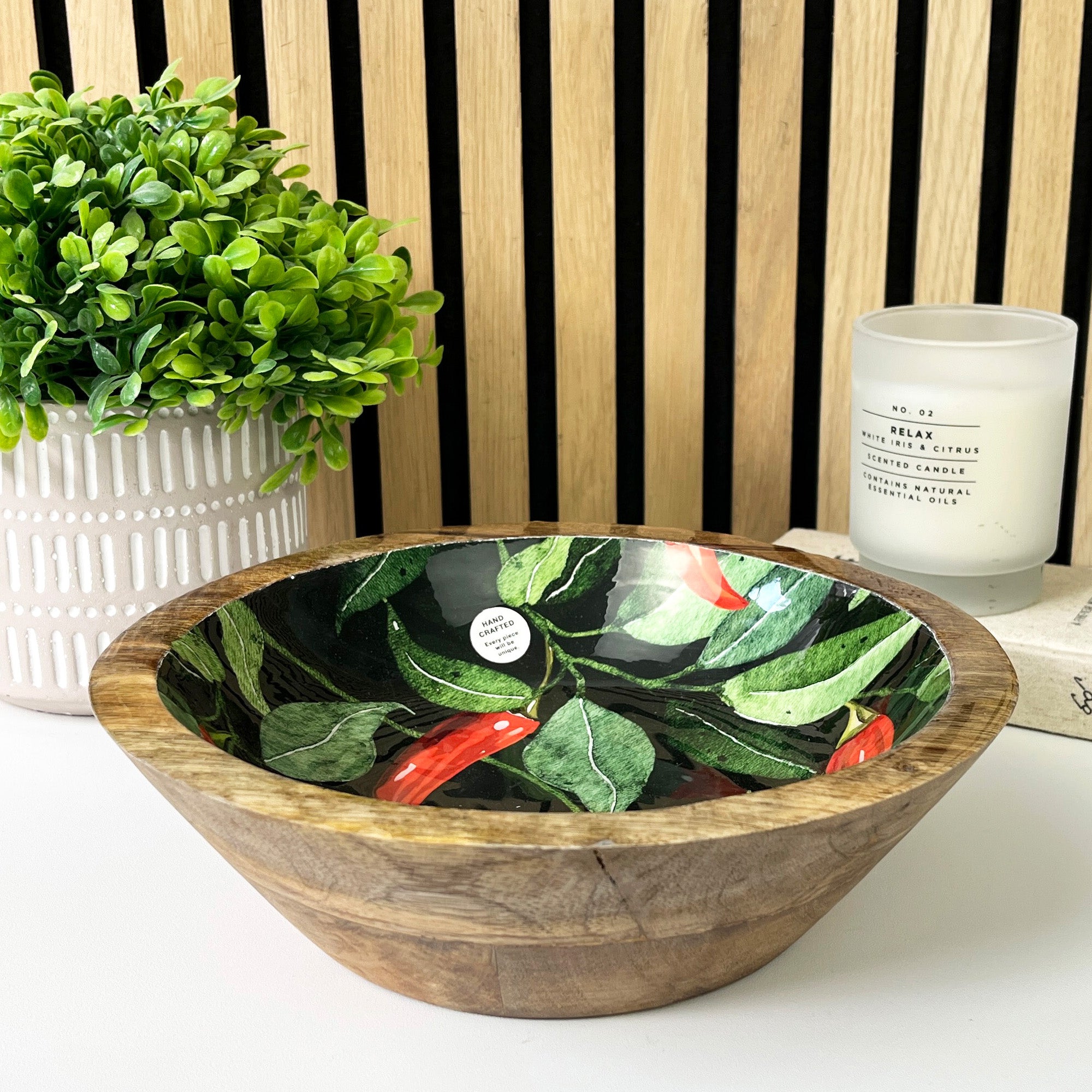 25cm Decorative Wooden Bowl with Enamel Chillies Design