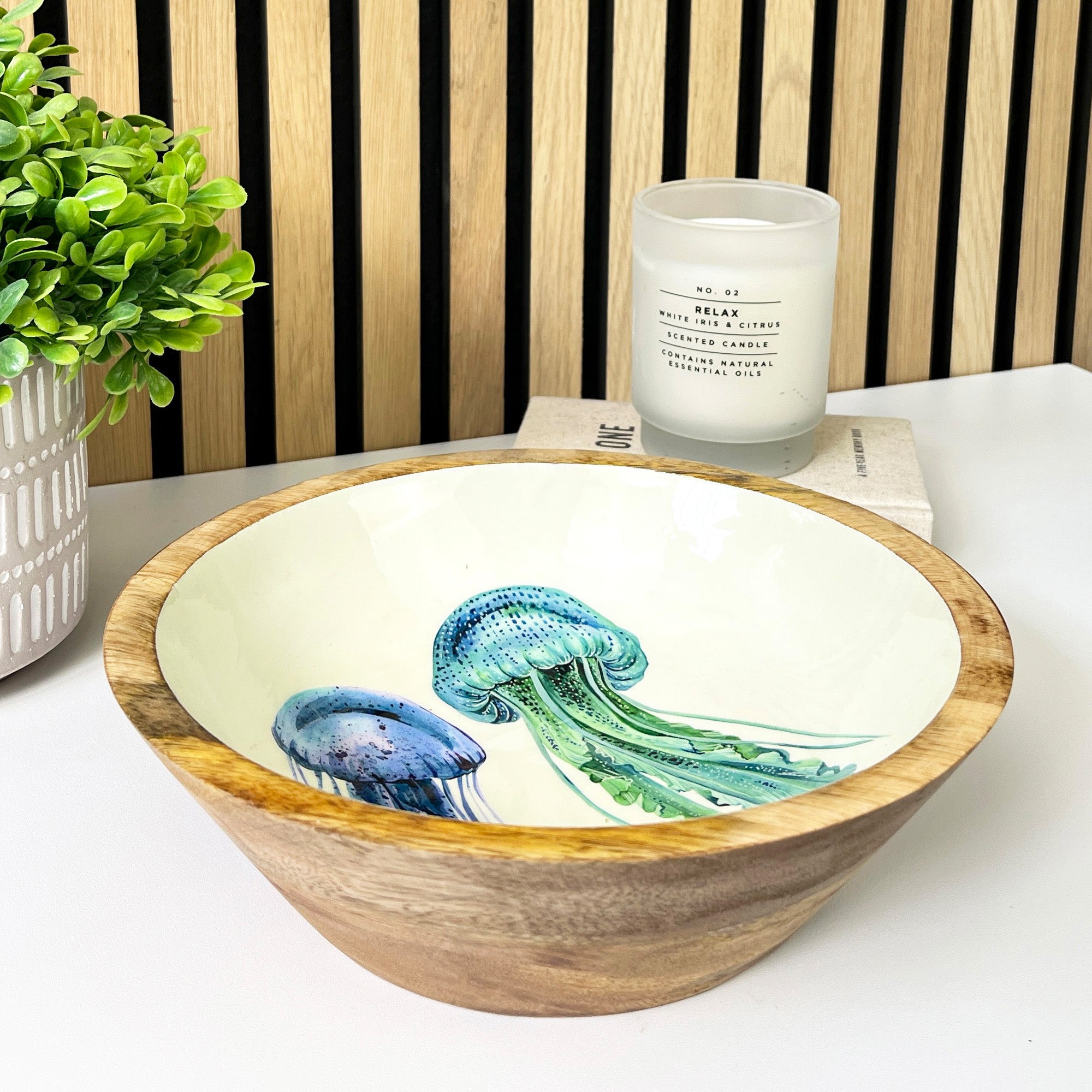 24cm Decorative Wooden Bowl with Enamel Jelly Fish Design