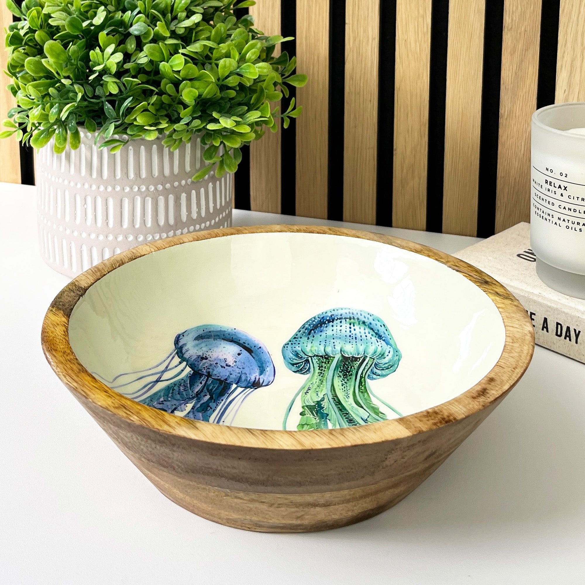 24cm Decorative Wooden Bowl with Enamel Jelly Fish Design