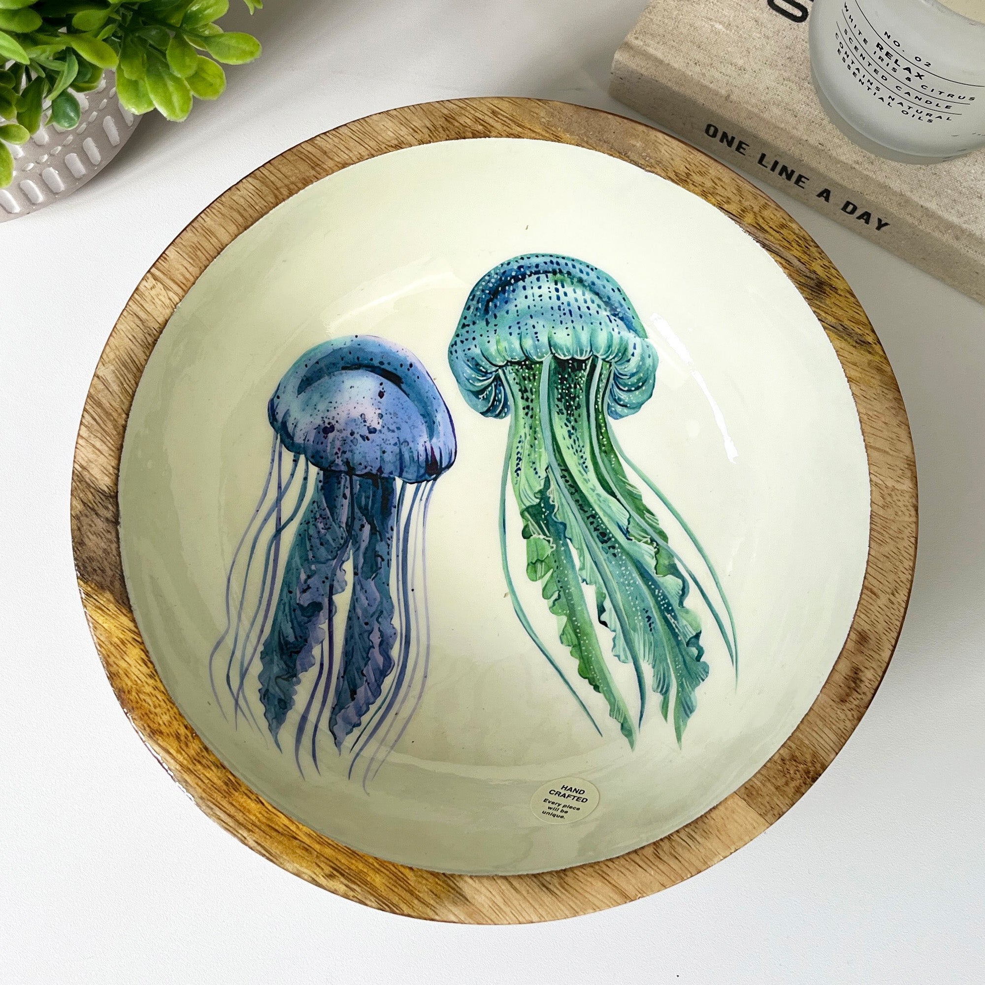24cm Decorative Wooden Bowl with Enamel Jelly Fish Design