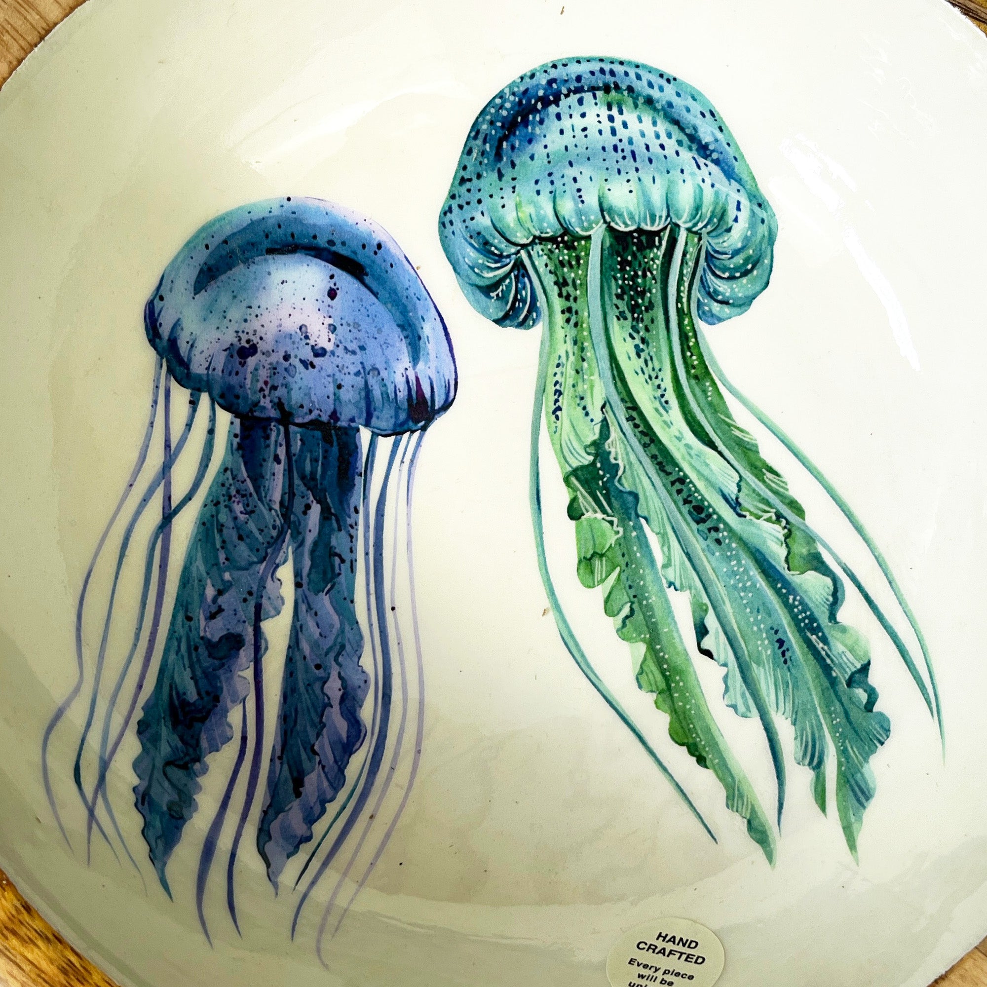 24cm Decorative Wooden Bowl with Enamel Jelly Fish Design