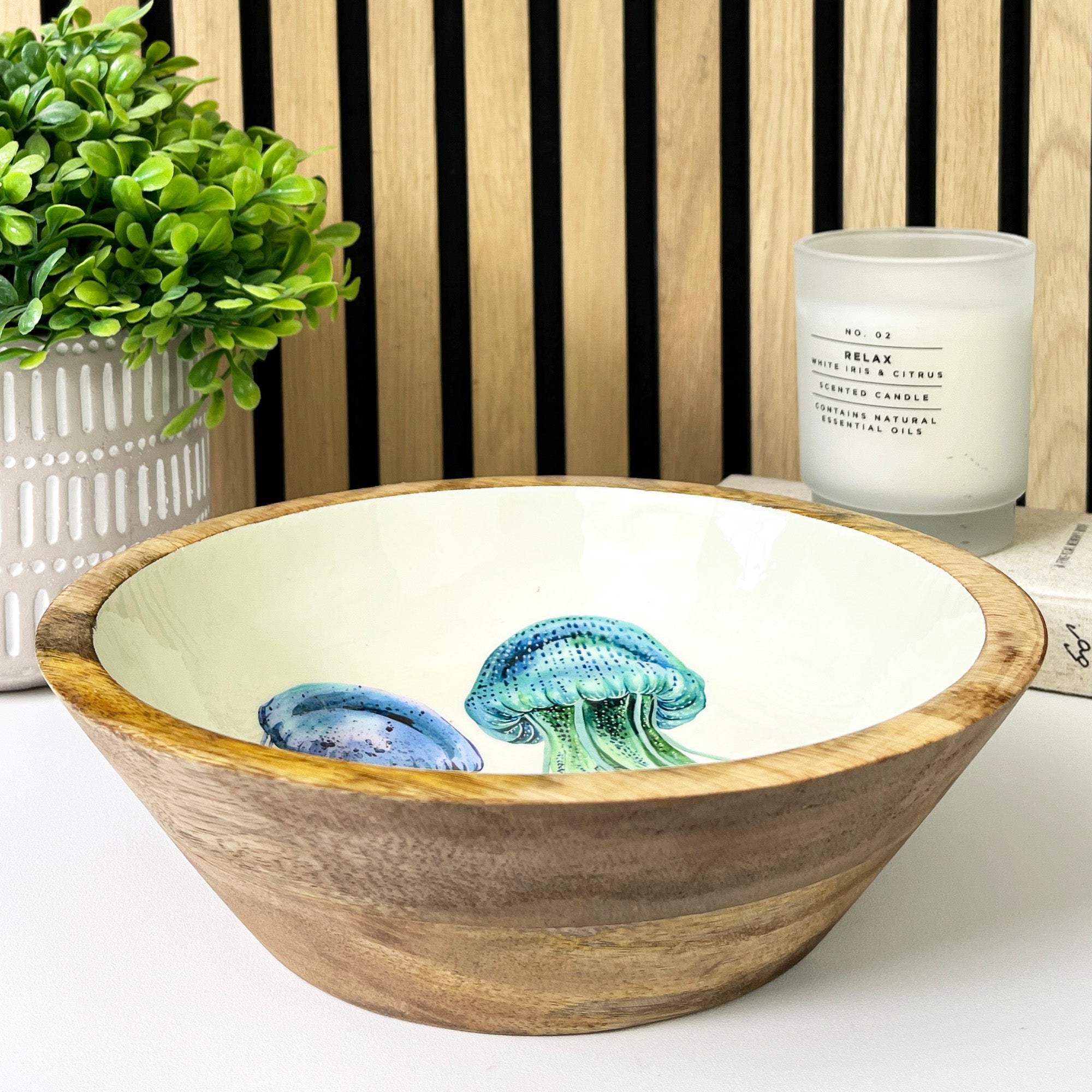 24cm Decorative Wooden Bowl with Enamel Jelly Fish Design