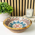 25cm Decorative Wooden Bowl with Enamel Mediterranean Leaves Design