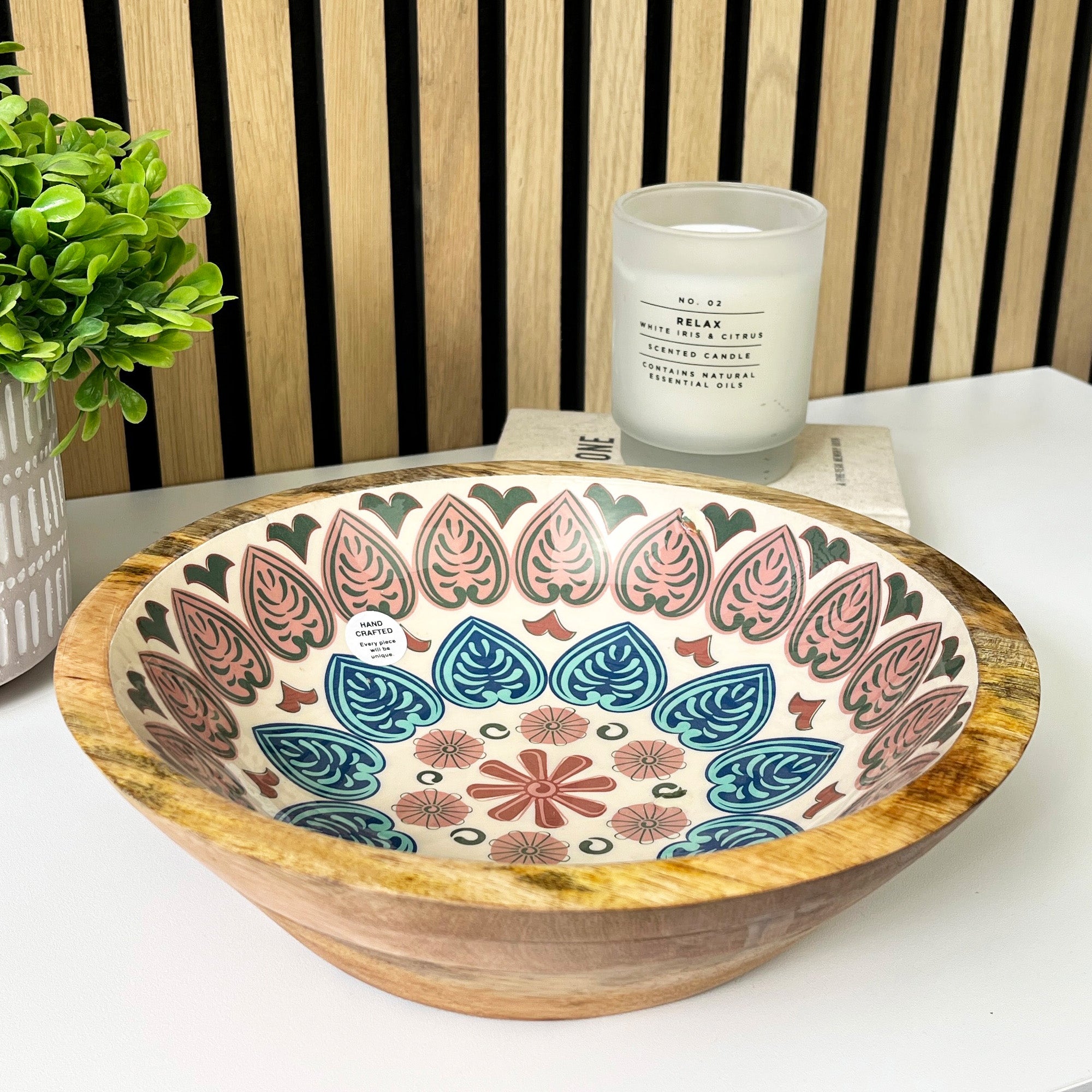 25cm Decorative Wooden Bowl with Enamel Mediterranean Leaves Design