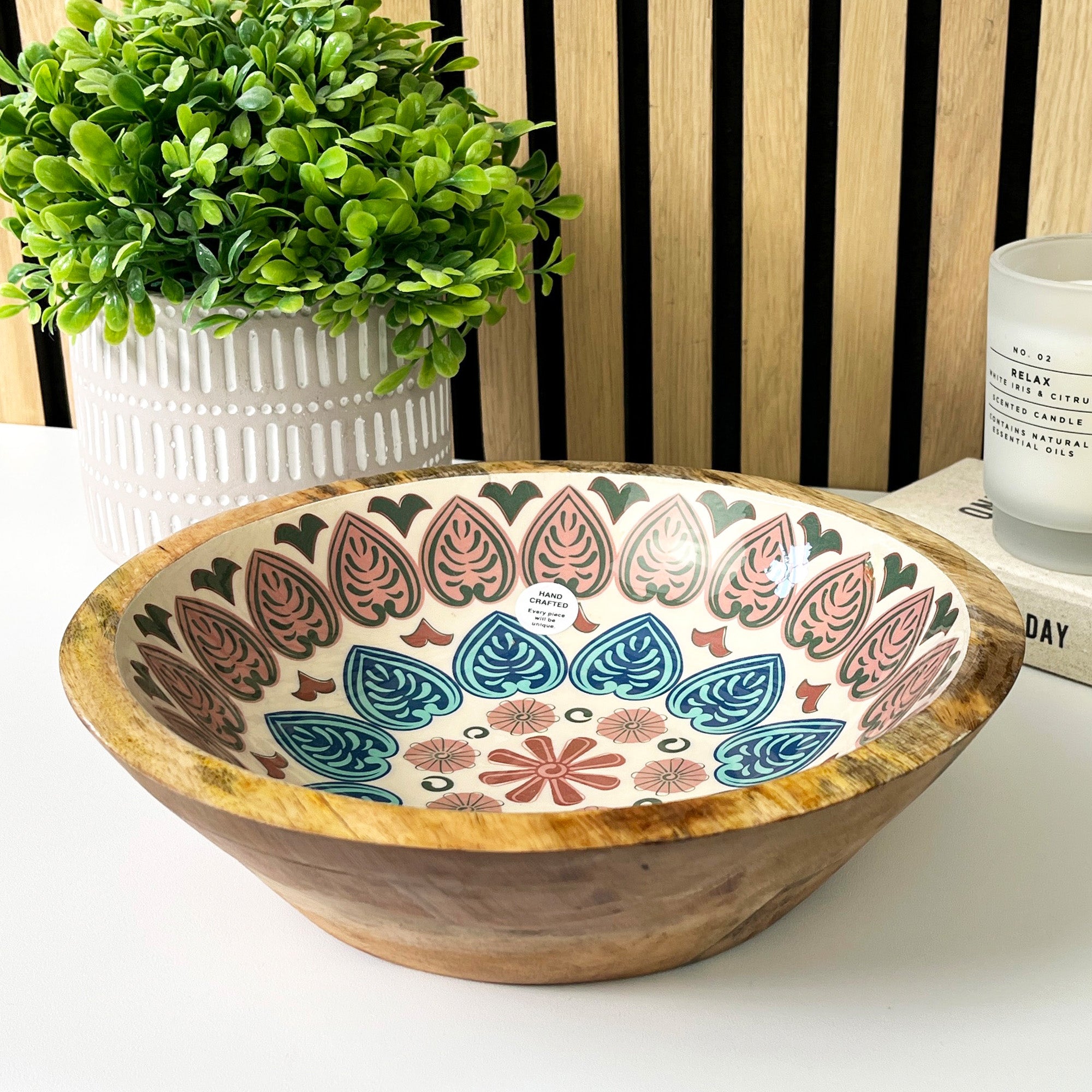 25cm Decorative Wooden Bowl with Enamel Mediterranean Leaves Design