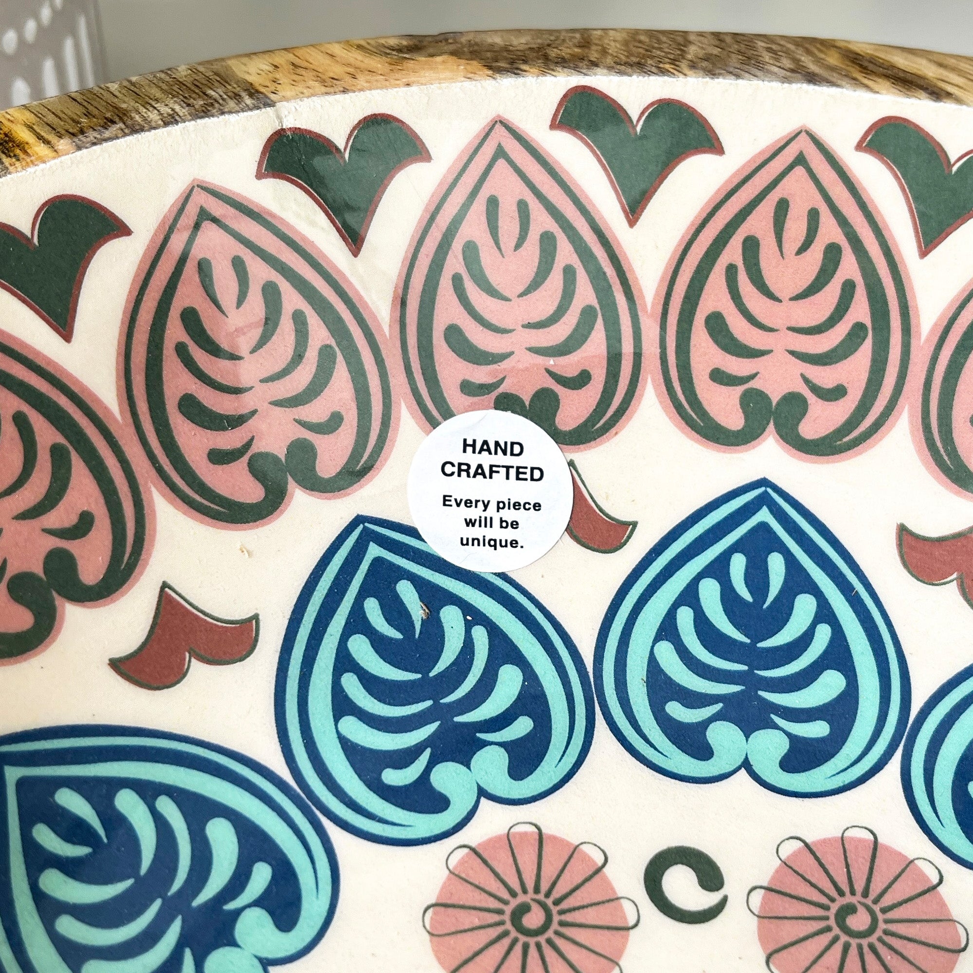 25cm Decorative Wooden Bowl with Enamel Mediterranean Leaves Design