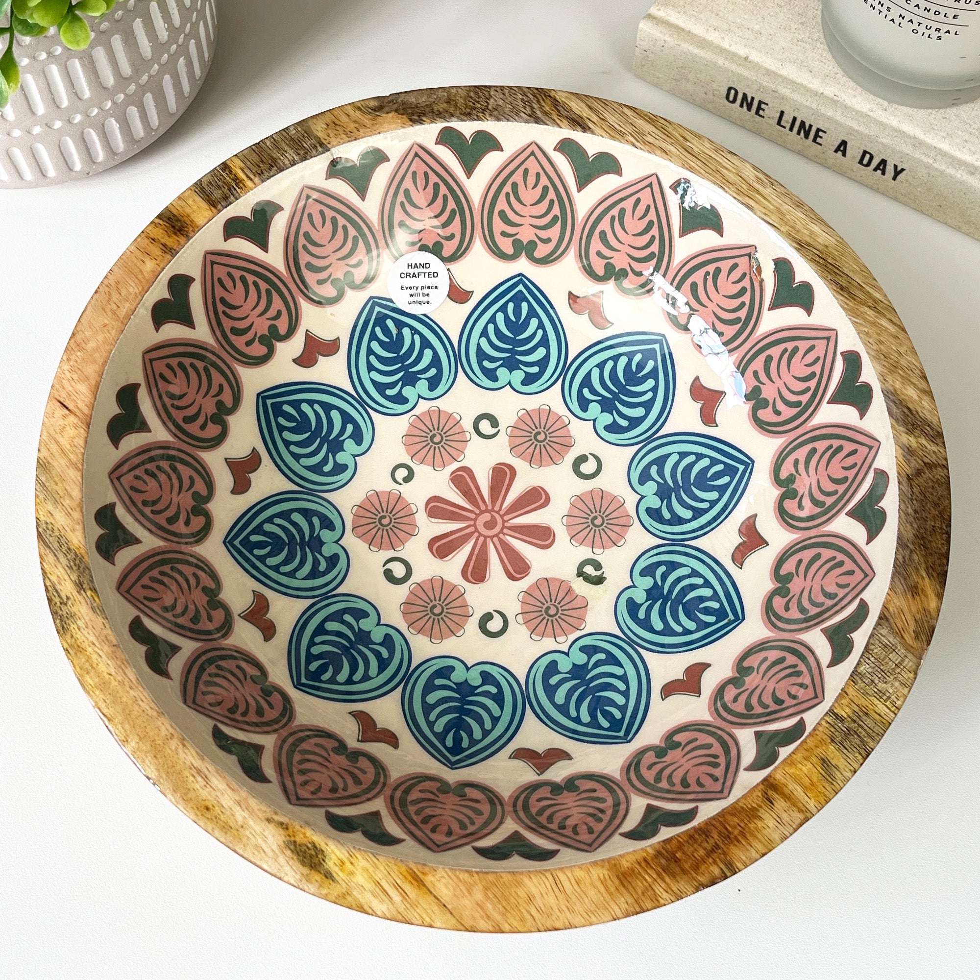 25cm Decorative Wooden Bowl with Enamel Mediterranean Leaves Design