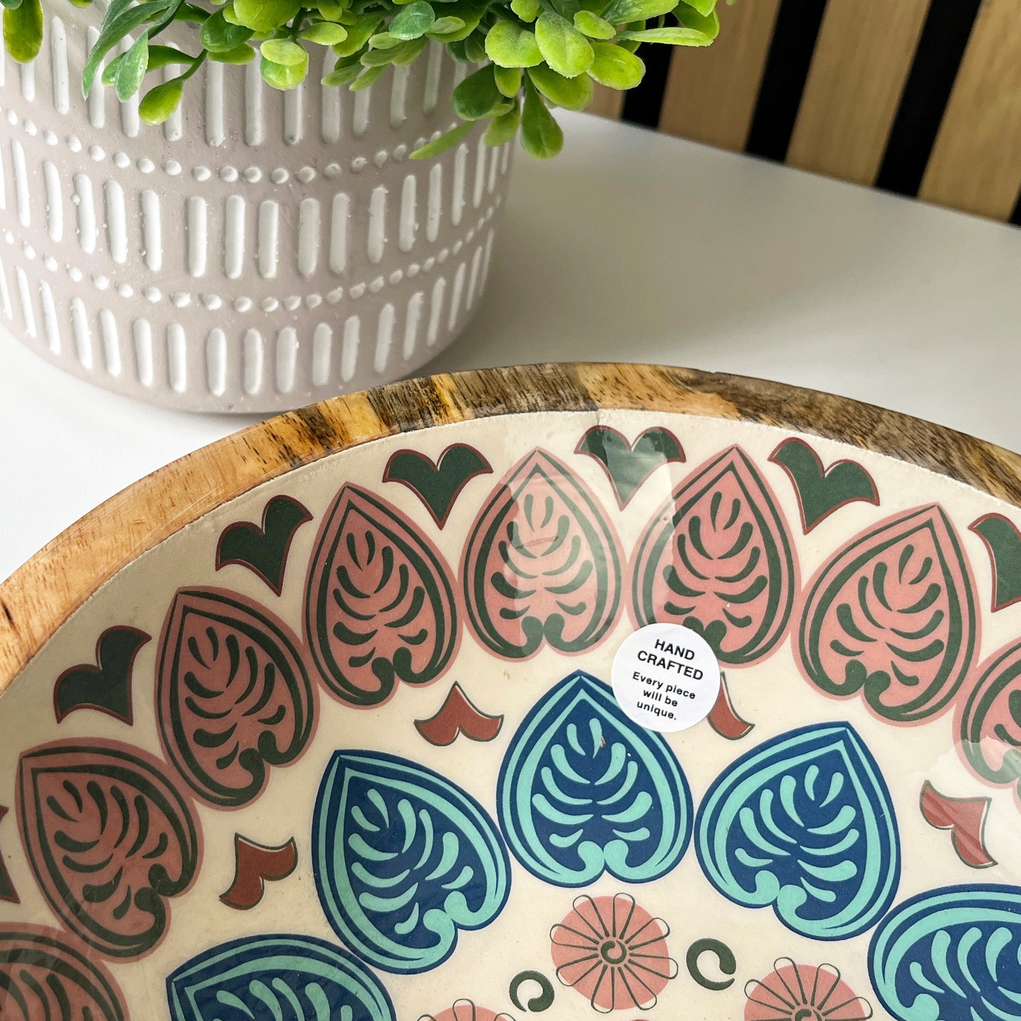 25cm Decorative Wooden Bowl with Enamel Mediterranean Leaves Design