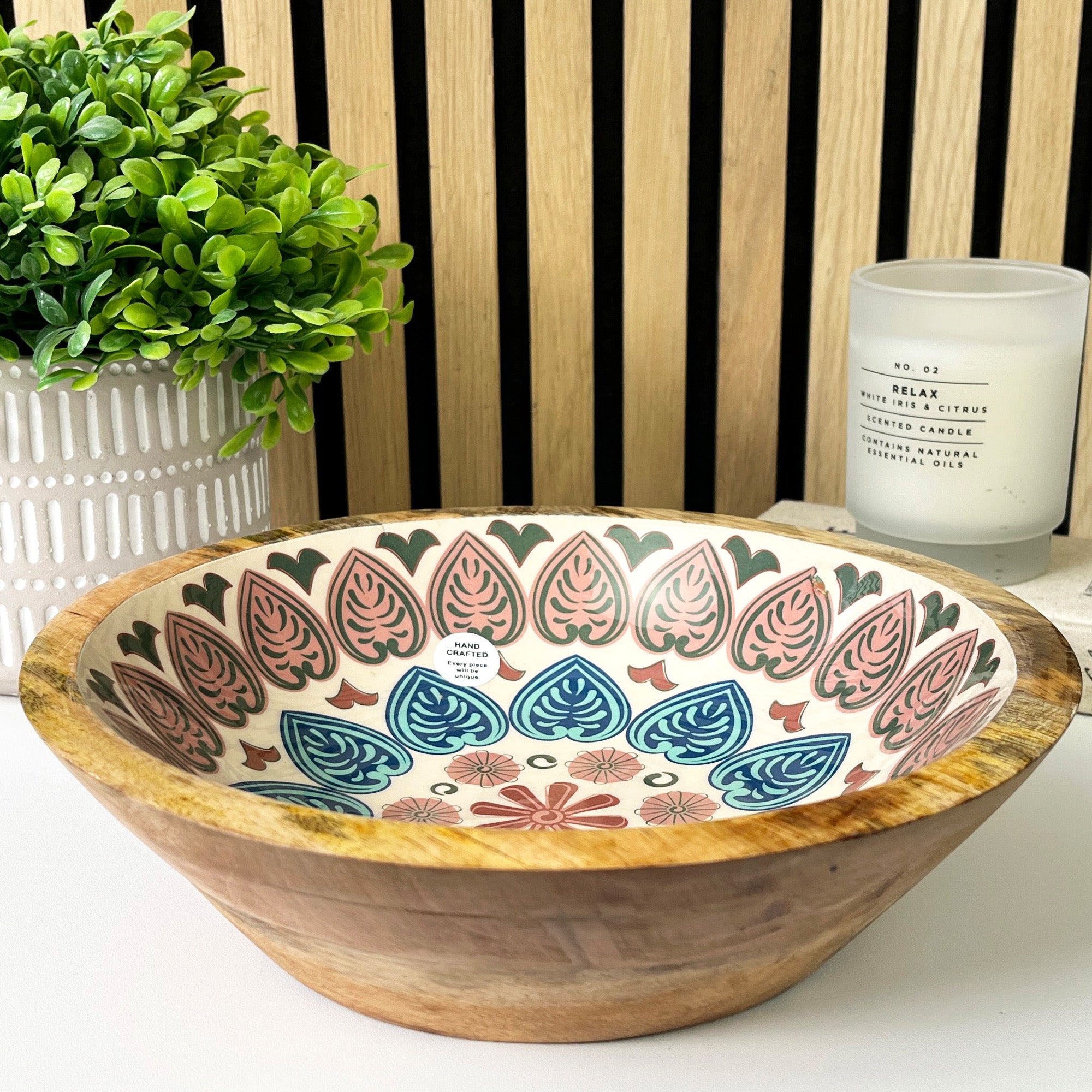 25cm Decorative Wooden Bowl with Enamel Mediterranean Leaves Design