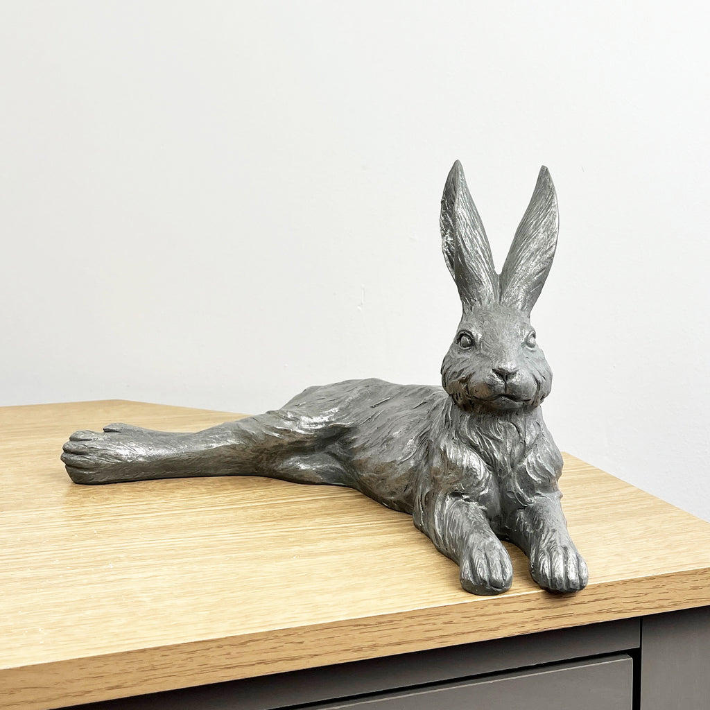 32cm Grey Resin Laying Hare Ornament