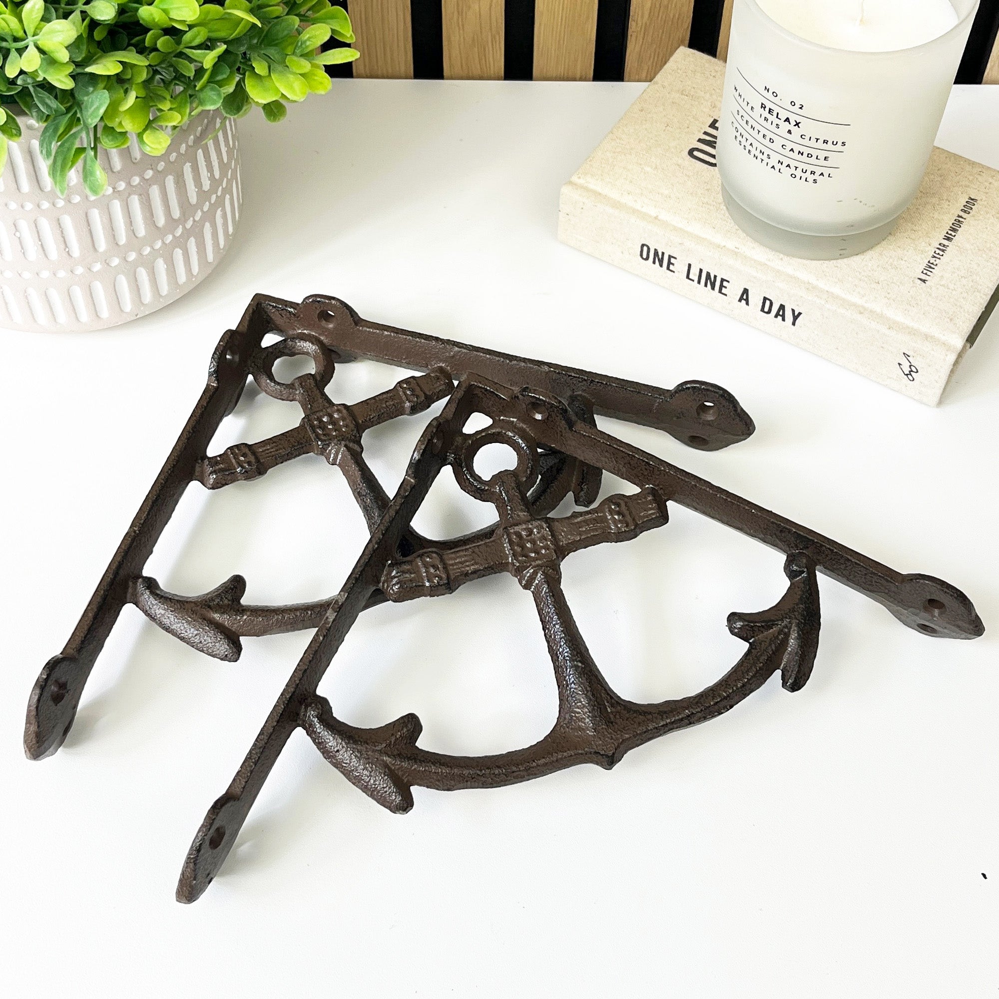Set of 2 Nautical Ship Anchor Decorative Shelf Brackets - Cast Iron