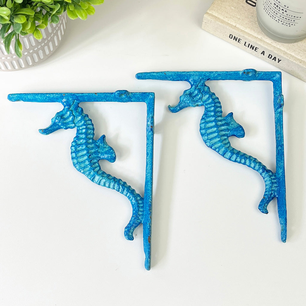 Set of 2 Nautical Seahorse Decorative Shelf Brackets - Cast Iron
