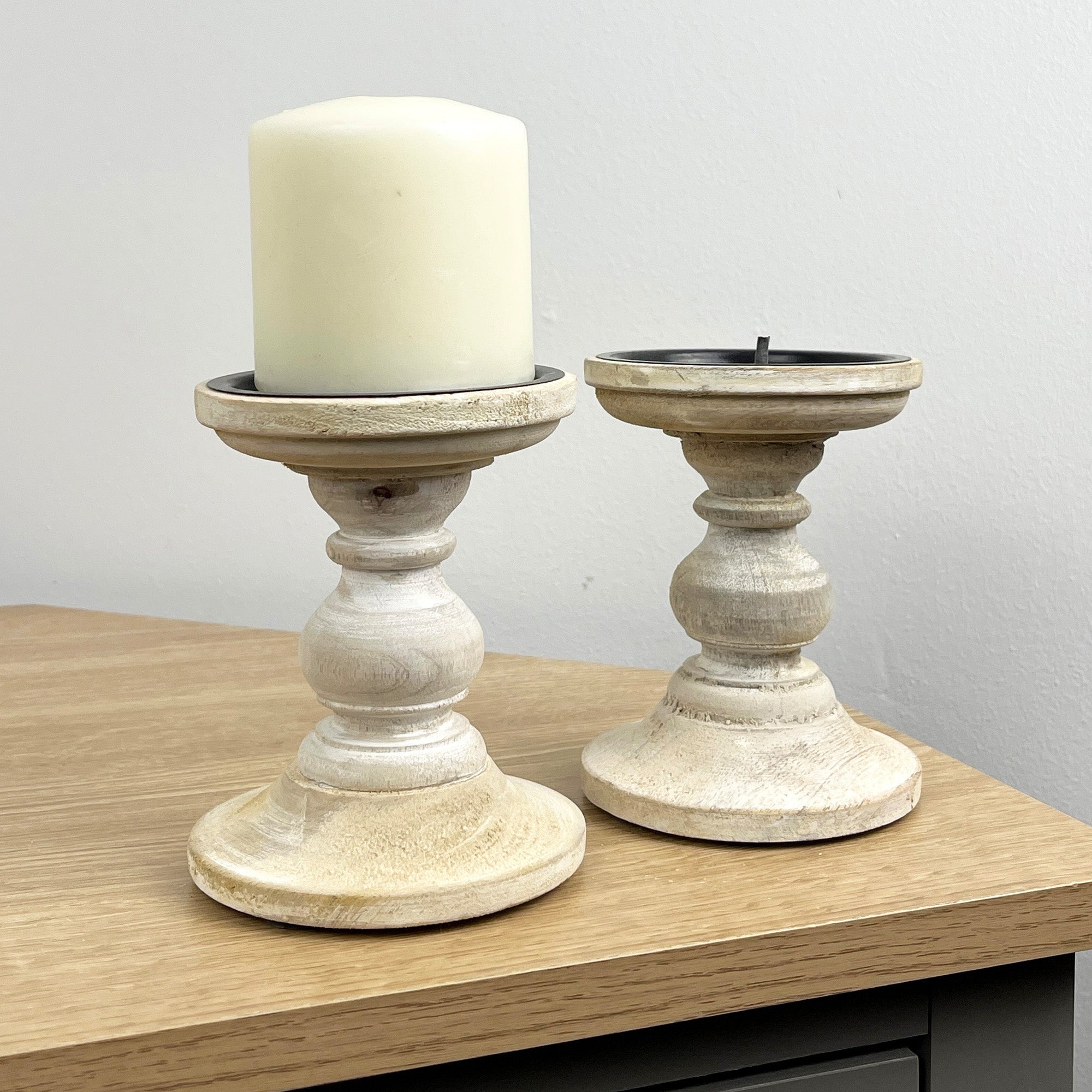 Pair of White Washed Wooden Candle Stick Holders – Design #1