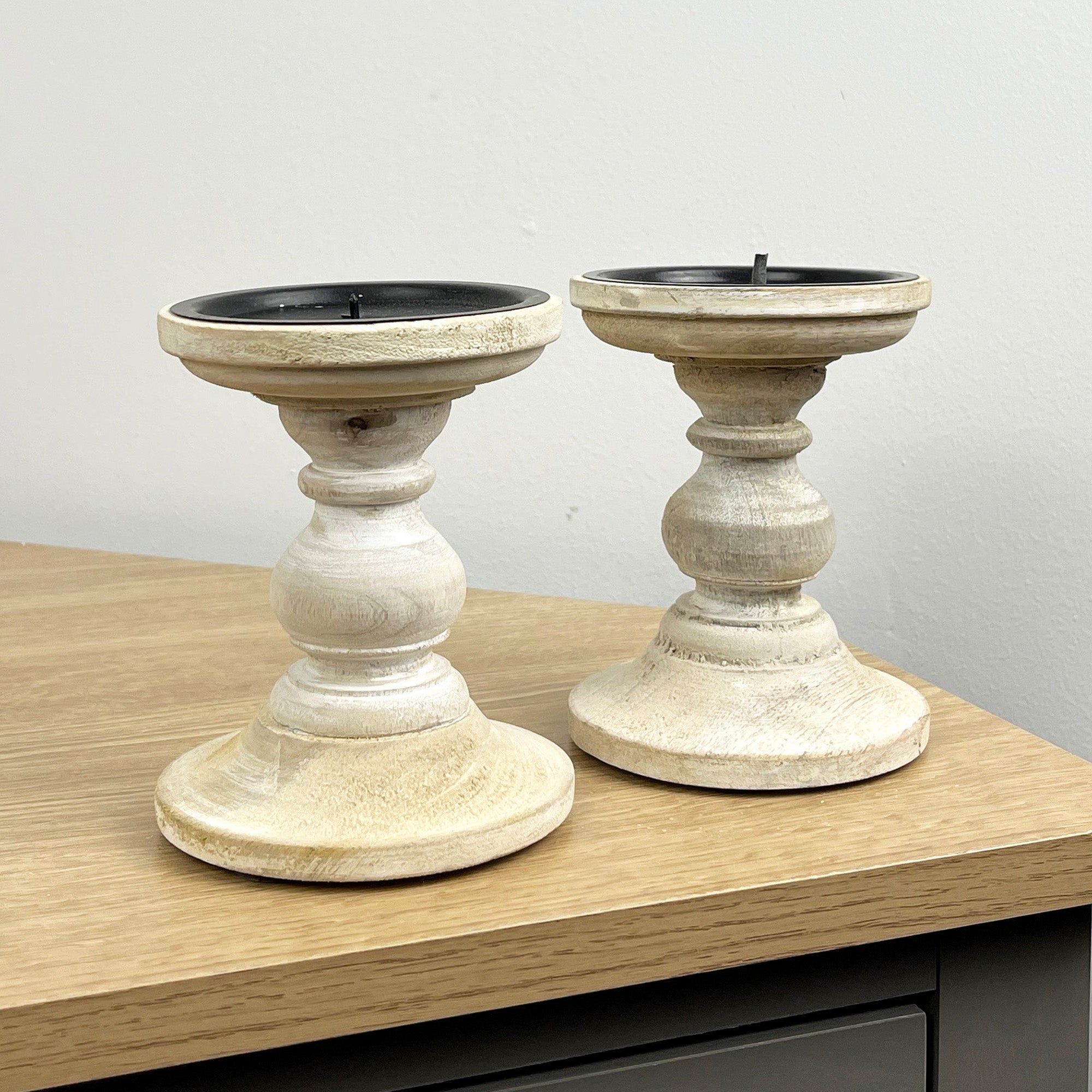 Pair of White Washed Wooden Candle Stick Holders – Design #1