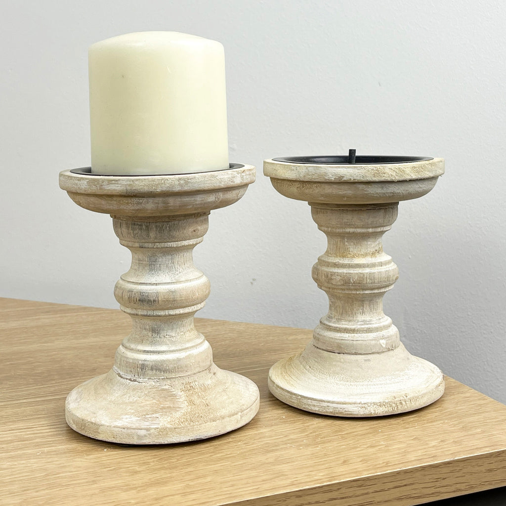 Pair of White Washed Wooden Candle Stick Holders – Design #2