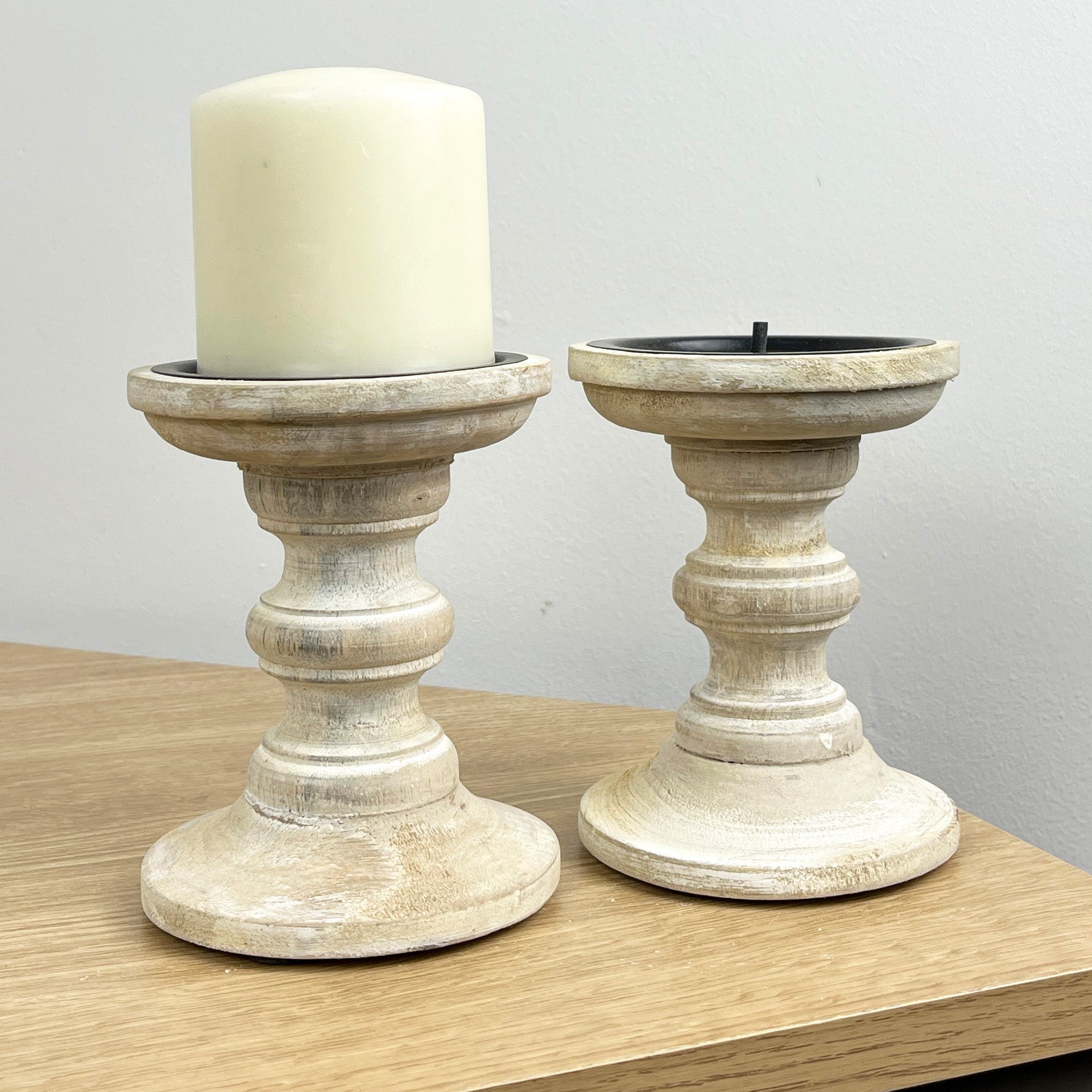 Pair of White Washed Wooden Candle Stick Holders – Design #2
