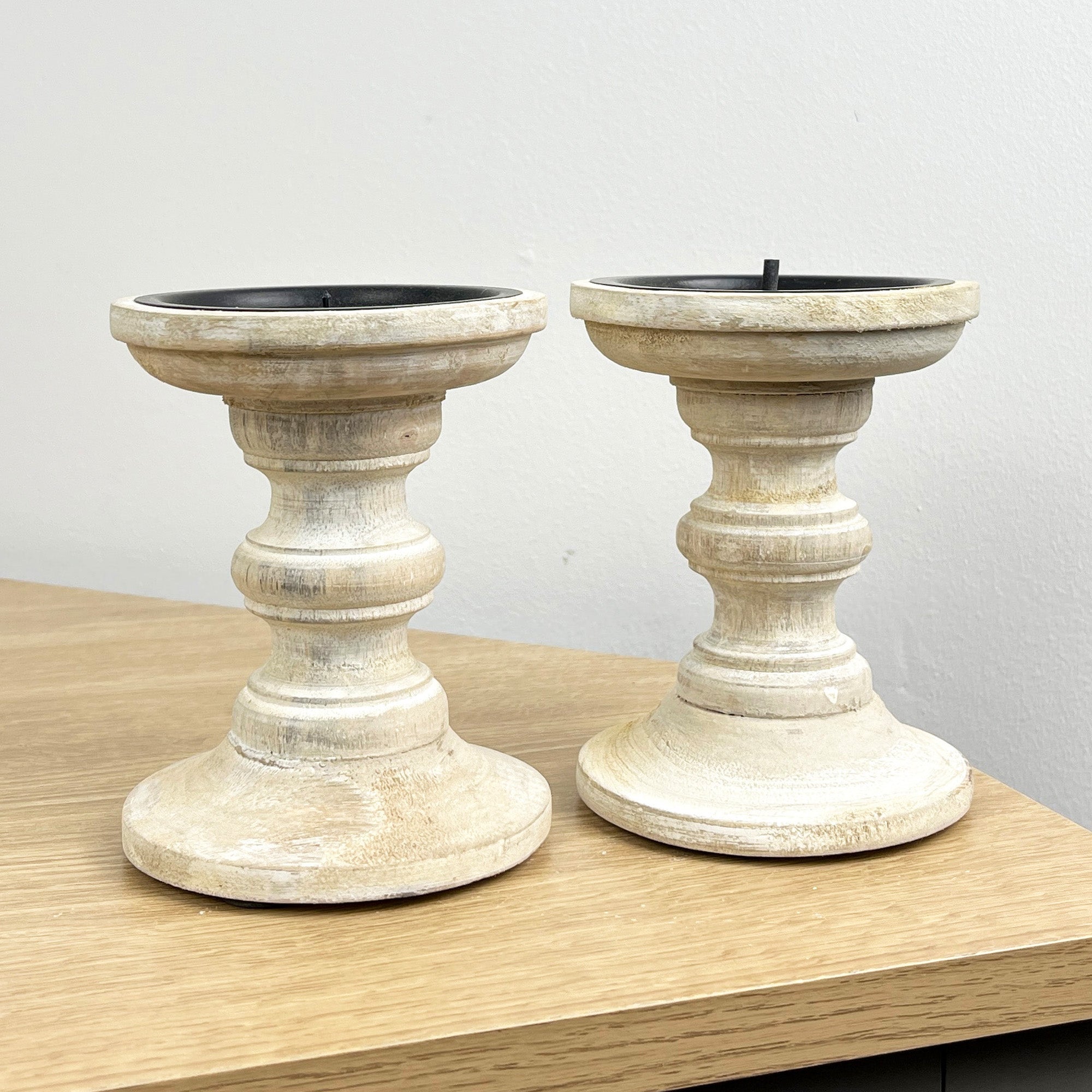 Pair of White Washed Wooden Candle Stick Holders – Design #2