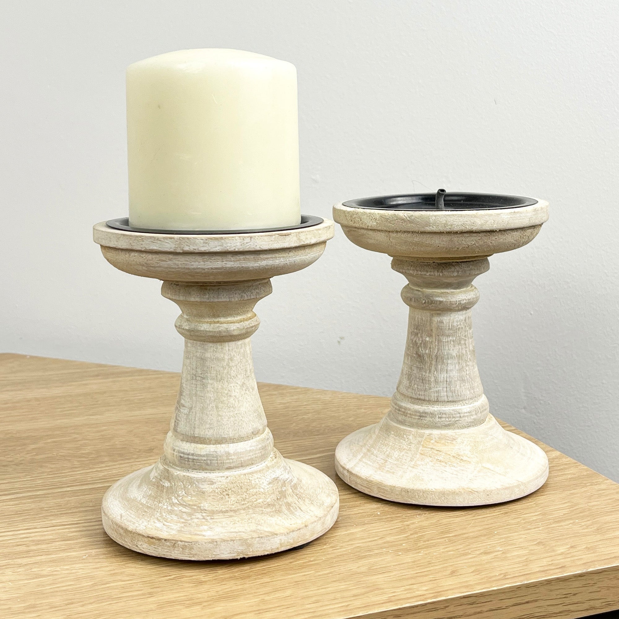 Pair of White Washed Wooden Candle Stick Holders – Design #3