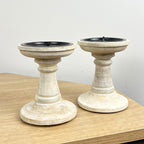 Pair of White Washed Wooden Candle Stick Holders – Design #3
