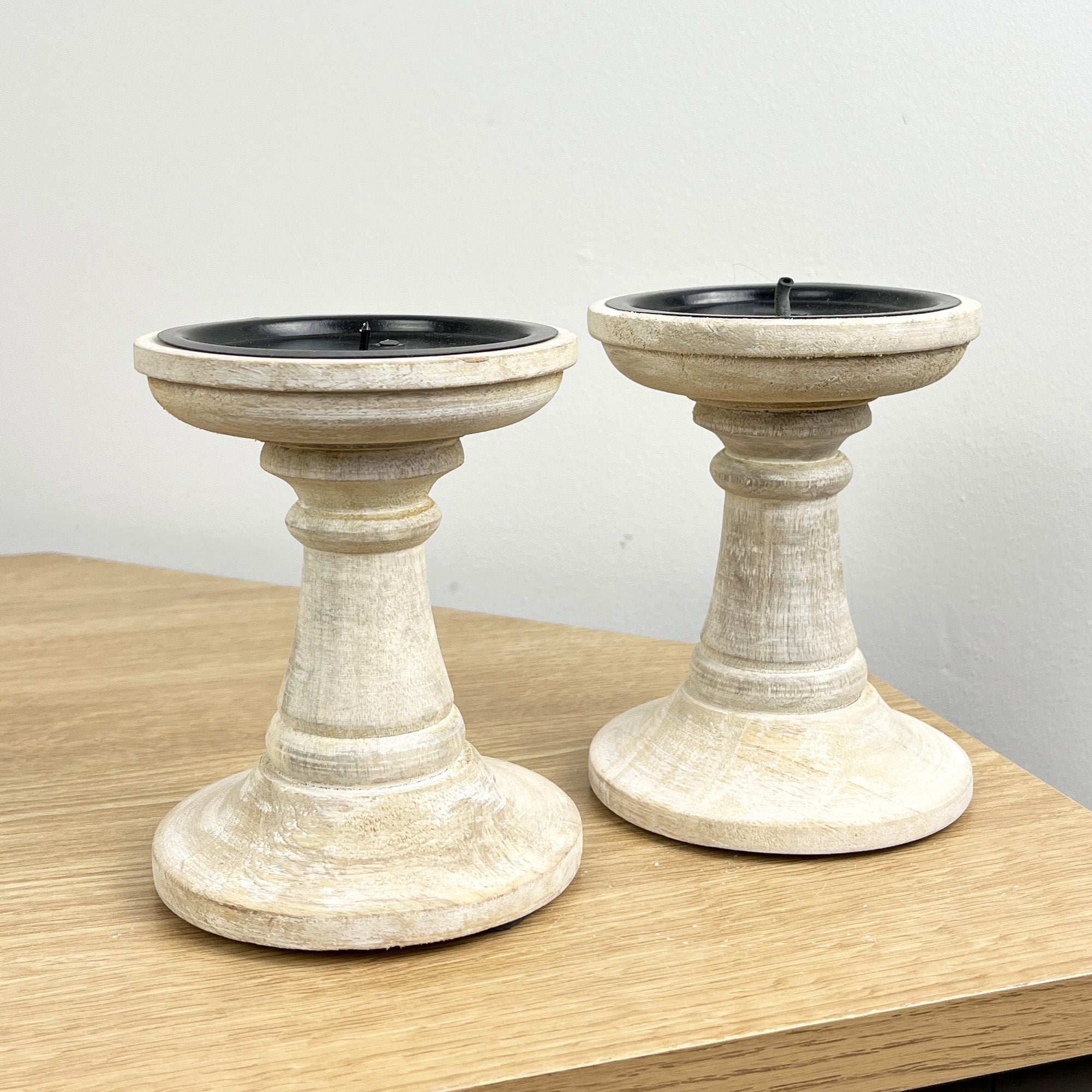 Pair of White Washed Wooden Candle Stick Holders – Design #3