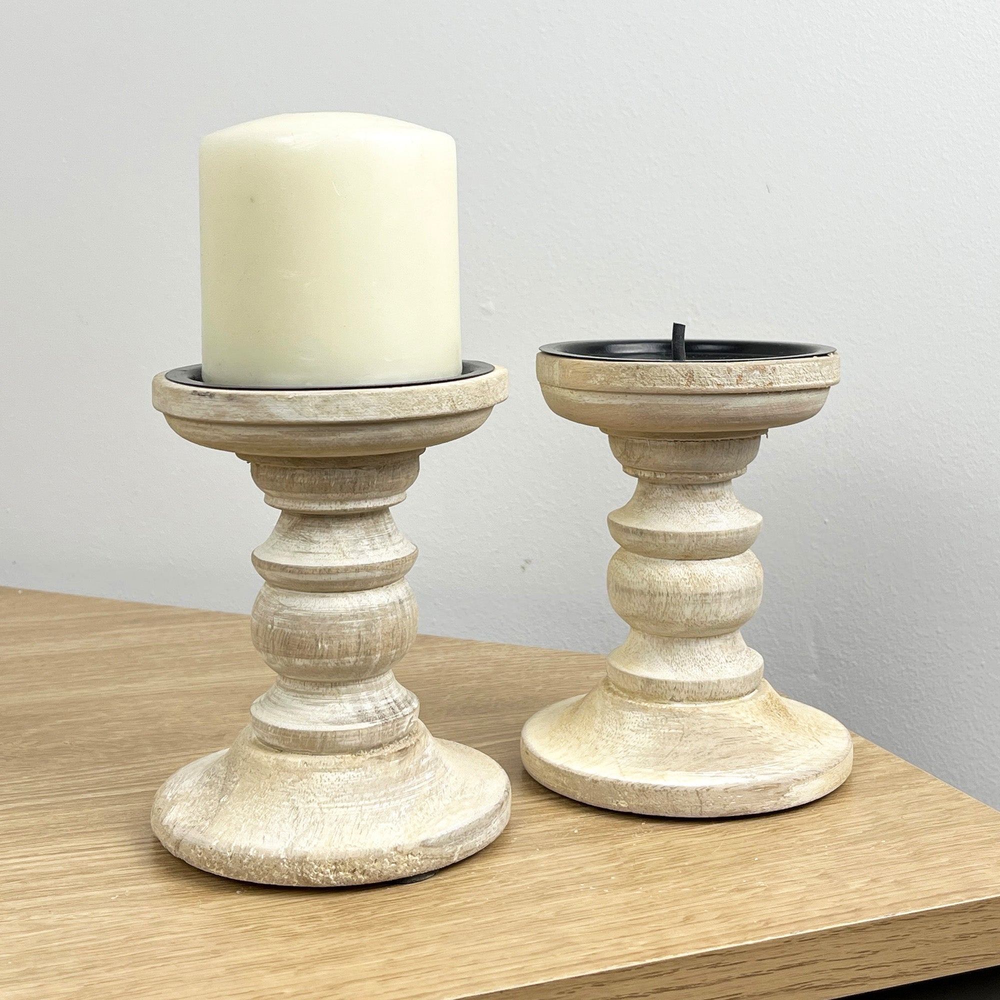 Pair of White Washed Wooden Candle Stick Holders – Design #4