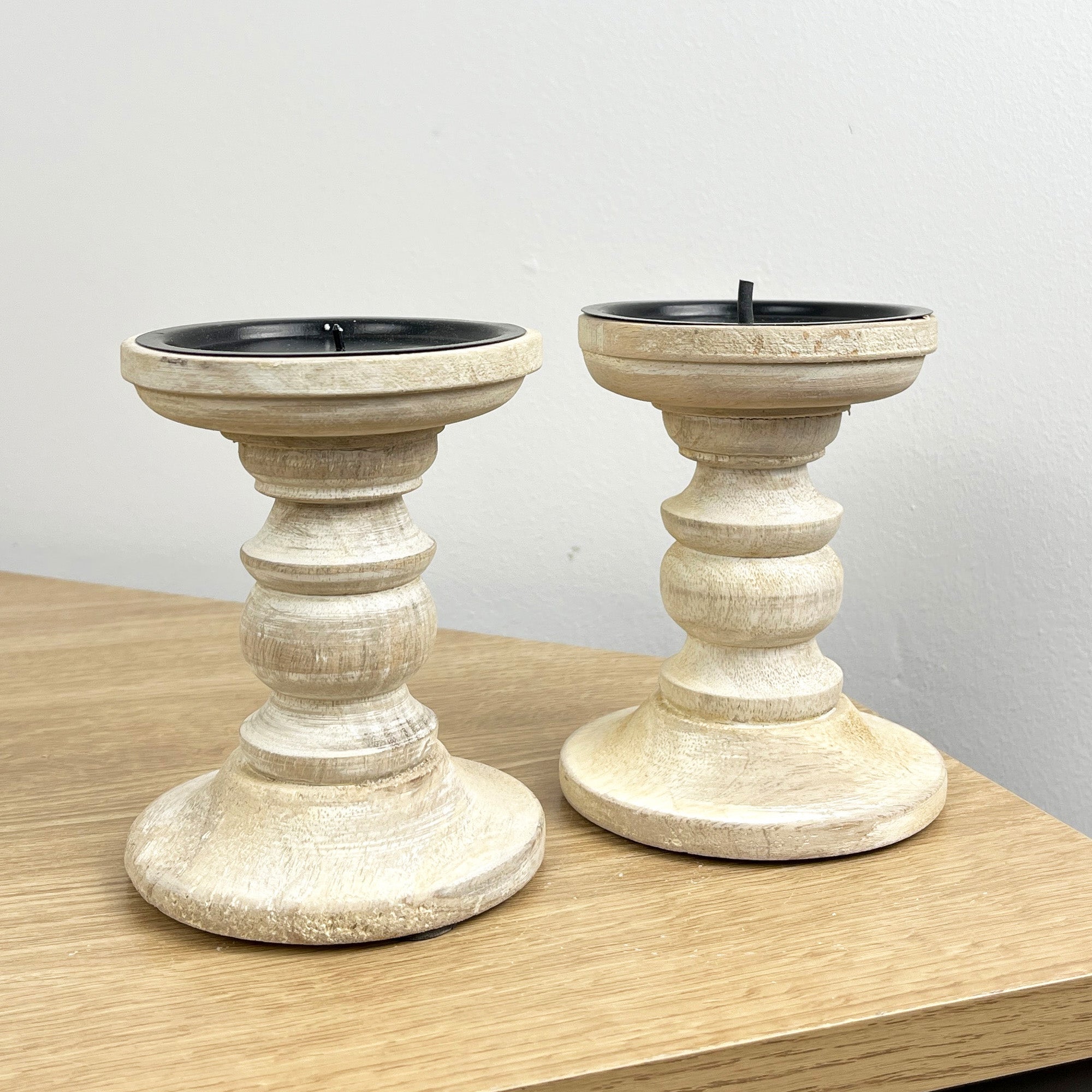 Pair of White Washed Wooden Candle Stick Holders – Design #4