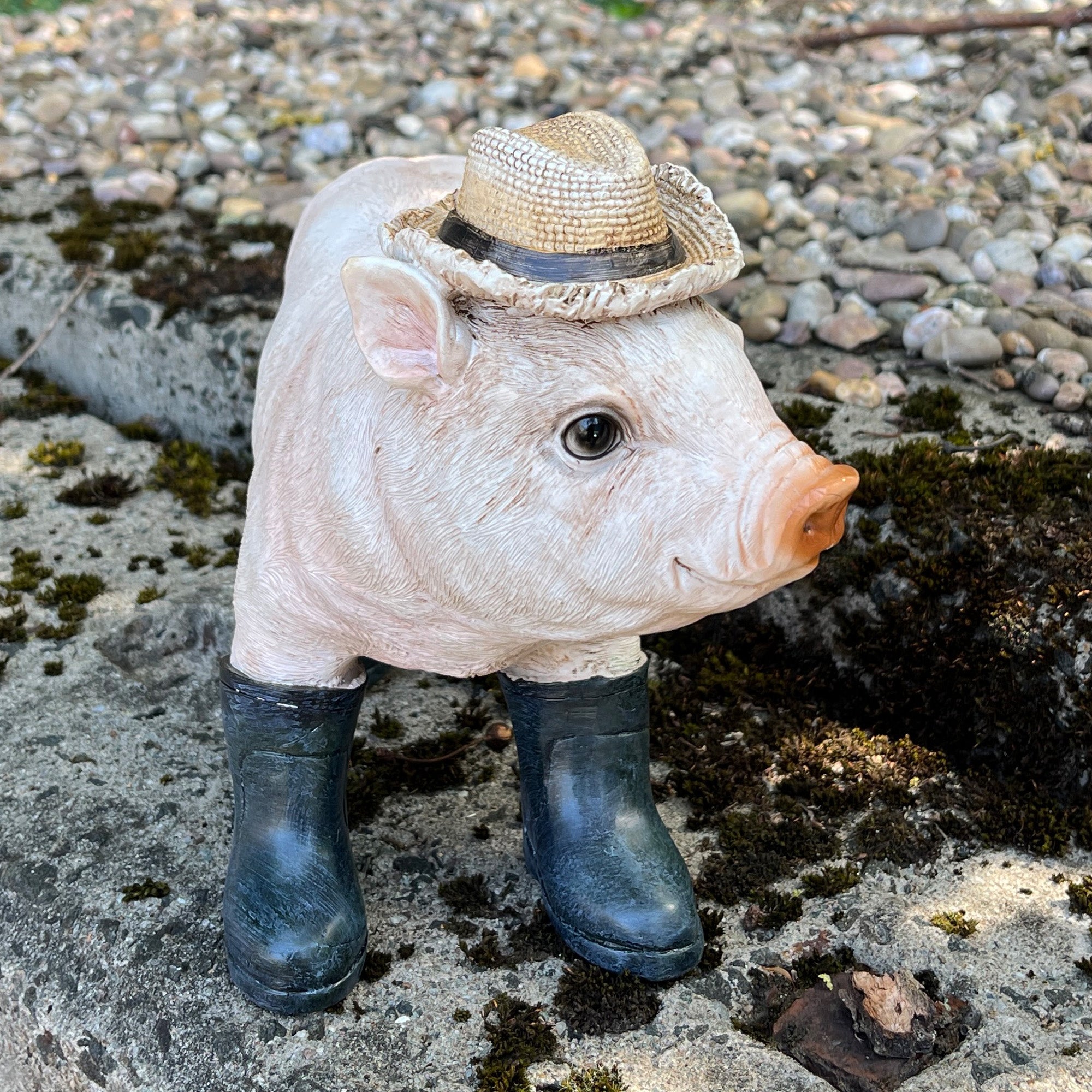 30.5cm Pig in Straw Hat and Wellies Garden Ornament - Resin