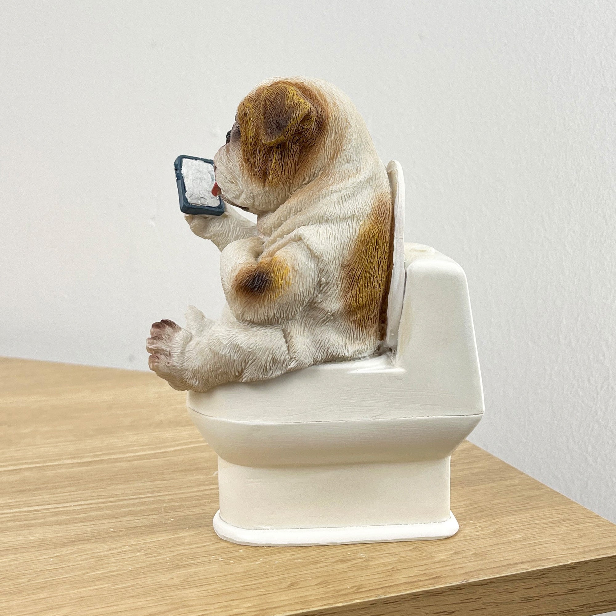 15cm Funny British Bulldog on Toilet with Phone Ornament / Figurine - Resin