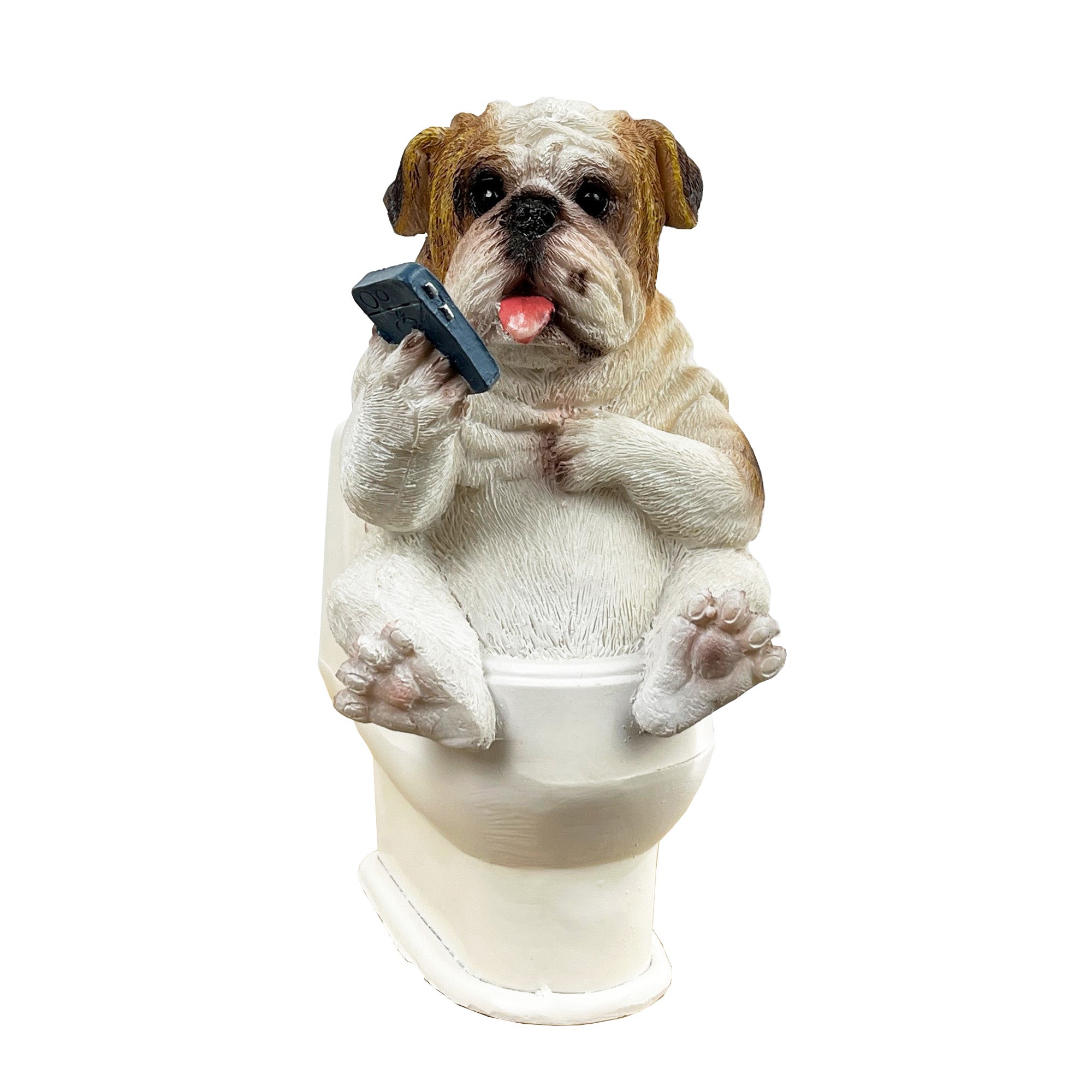 15cm Funny British Bulldog on Toilet with Phone Ornament / Figurine - Resin
