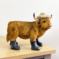 26cm Large Straw Hat & Wellies Highland Cow Ornament / Figurine - Resin