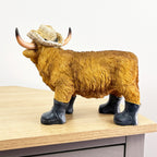 26cm Large Straw Hat & Wellies Highland Cow Ornament / Figurine - Resin