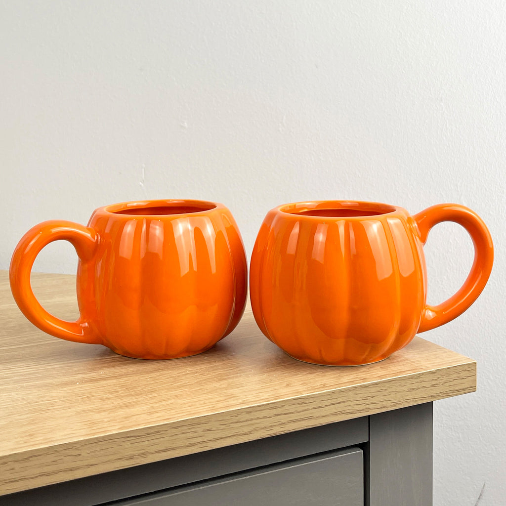 2 x Novelty Pumpkin Shaped Orange Mugs - Ceramic