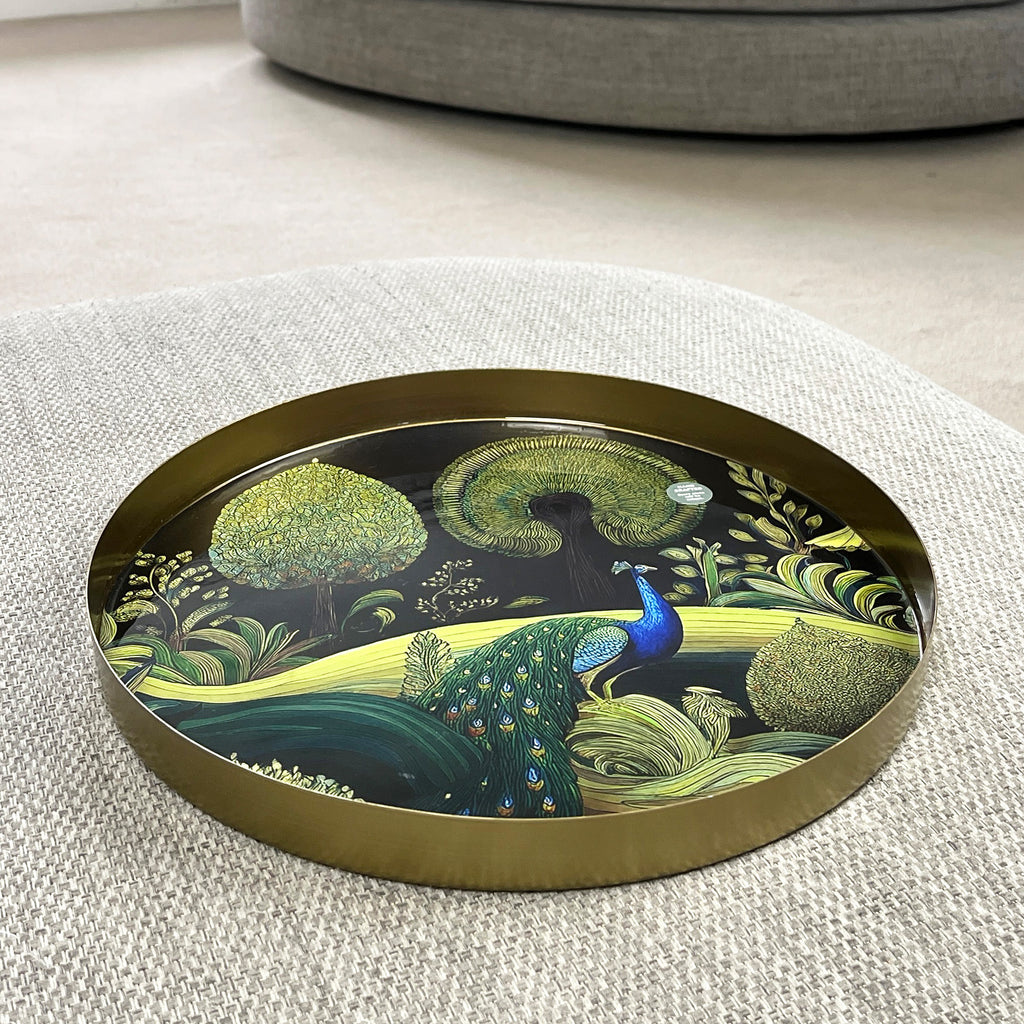 32cm Metal Decorative Tray - Floral Peacock Design