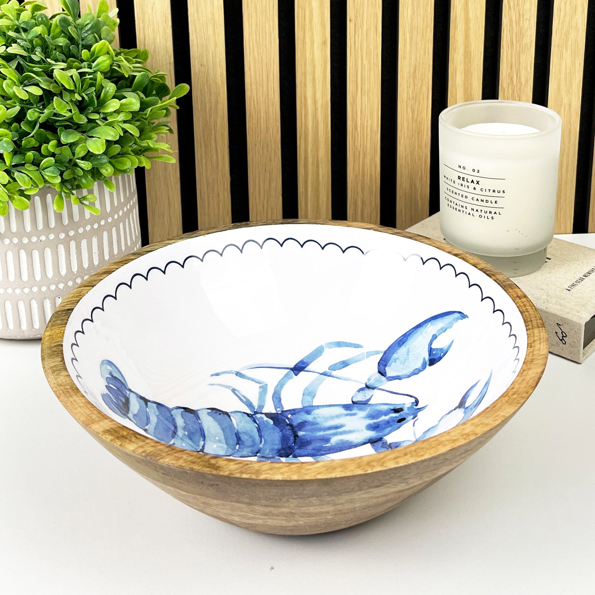 25.5cm Decorative Wooden Bowl with Enamel Lobster Design