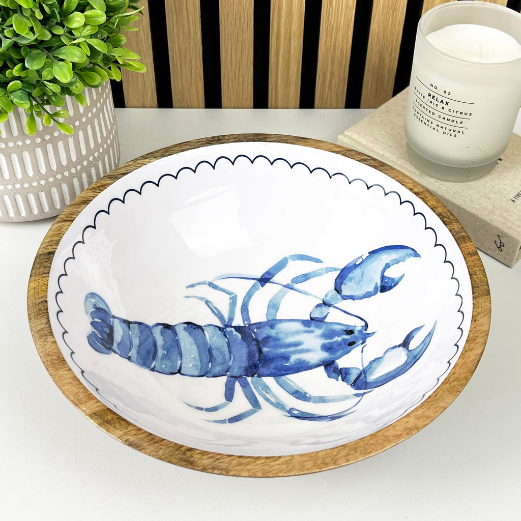 25.5cm Decorative Wooden Bowl with Enamel Lobster Design