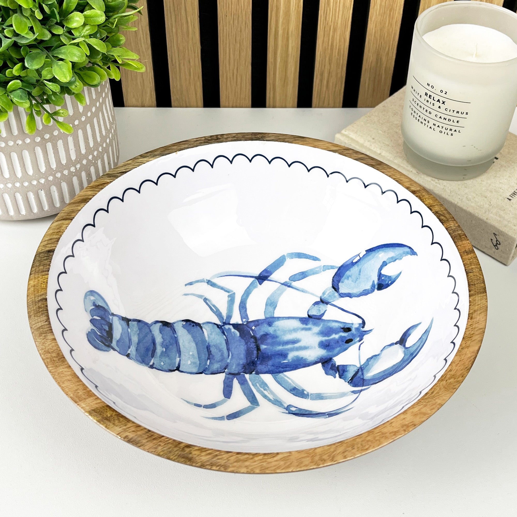 25.5cm Decorative Wooden Bowl with Enamel Lobster Design