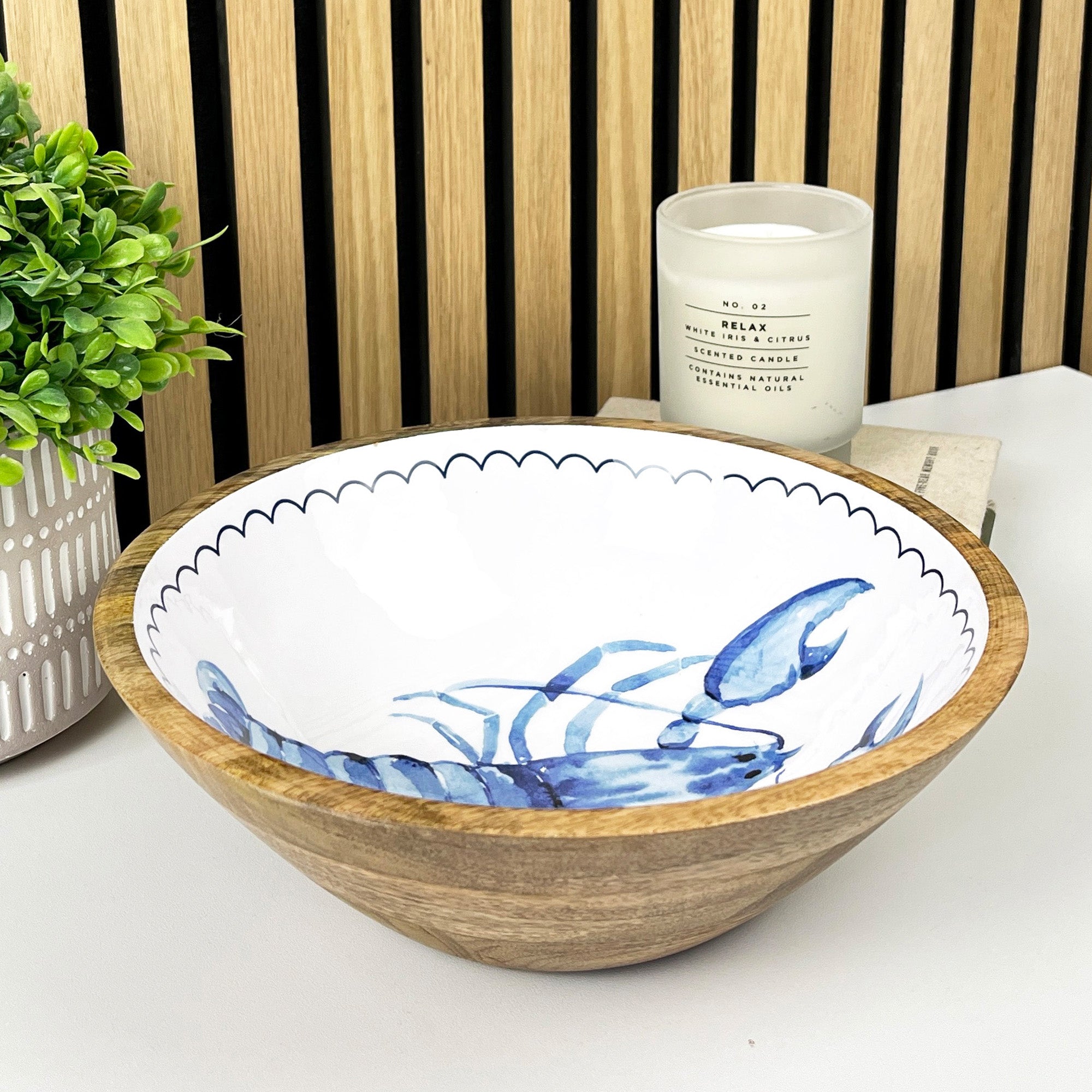 25.5cm Decorative Wooden Bowl with Enamel Lobster Design