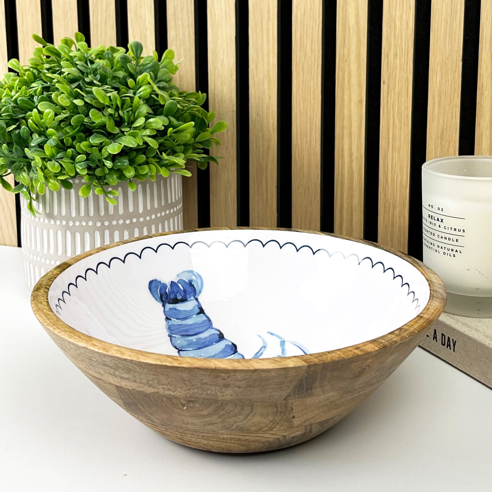 25.5cm Decorative Wooden Bowl with Enamel Lobster Design