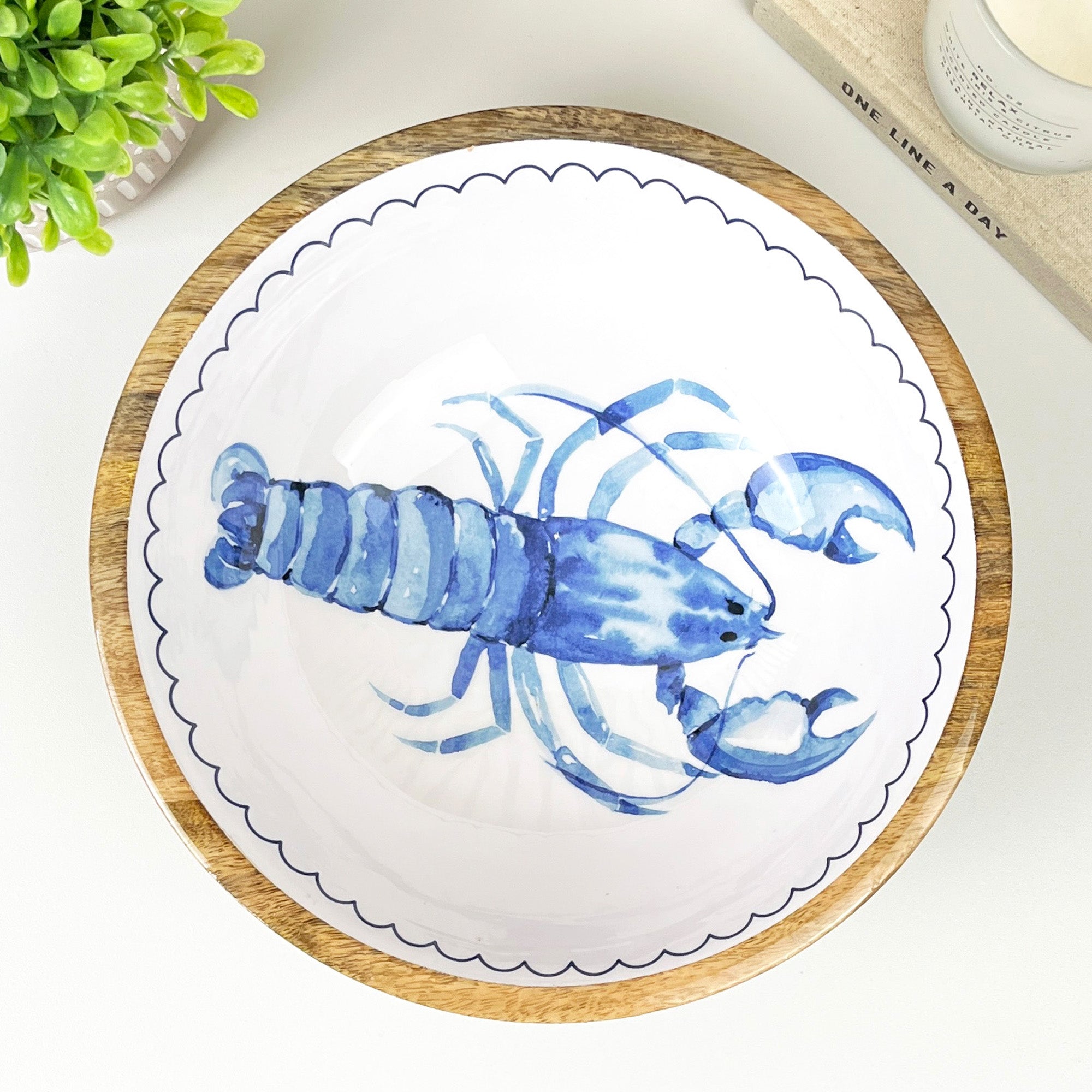 25.5cm Decorative Wooden Bowl with Enamel Lobster Design